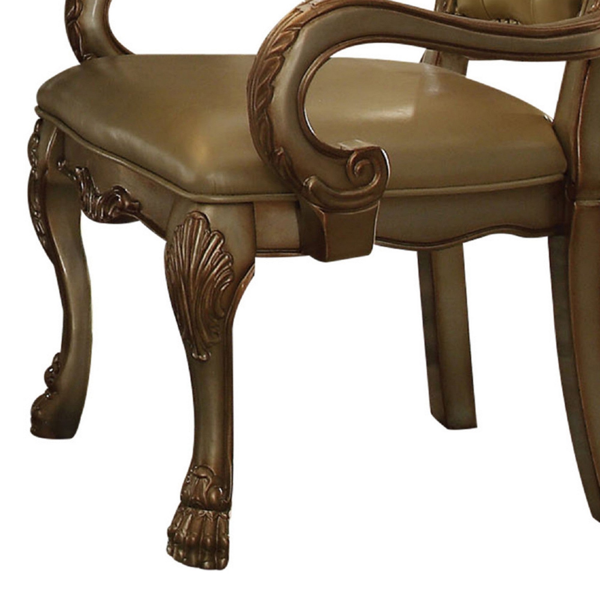 Benjara Leatherette Upholstered Arm Chair with Intricate Carvings, Set of 2, Gold