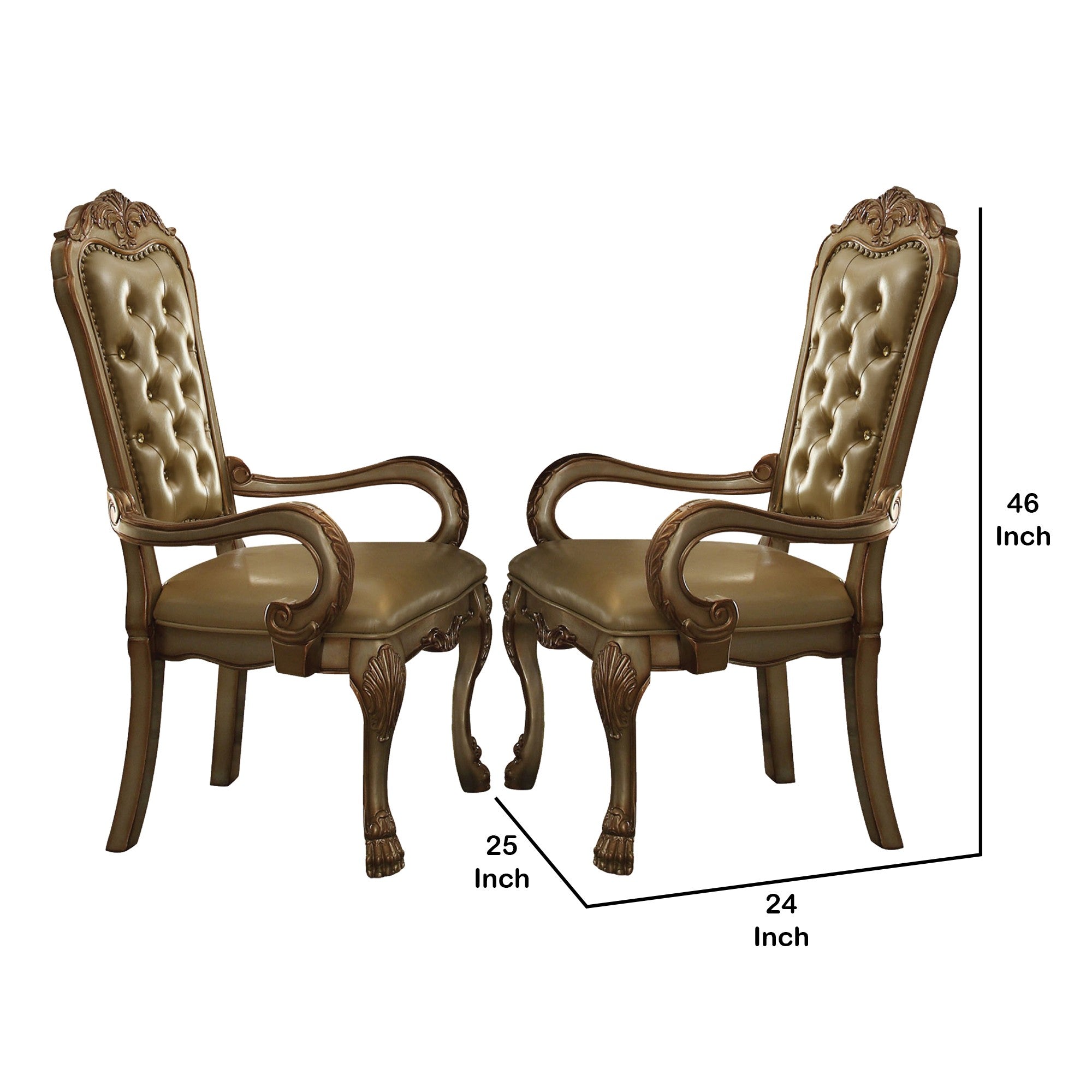 Benjara Leatherette Upholstered Arm Chair with Intricate Carvings, Set of 2, Gold