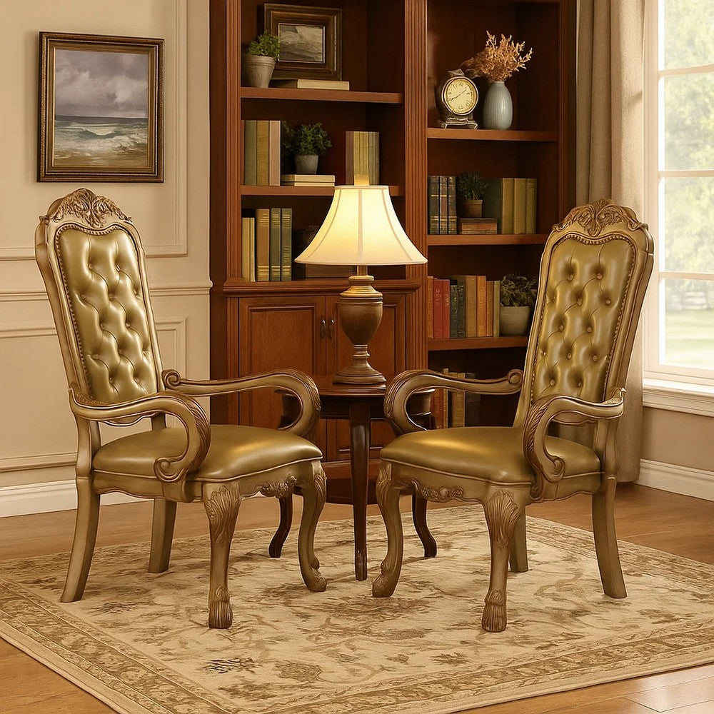 Benjara Leatherette Upholstered Arm Chair with Intricate Carvings, Set of 2, Gold