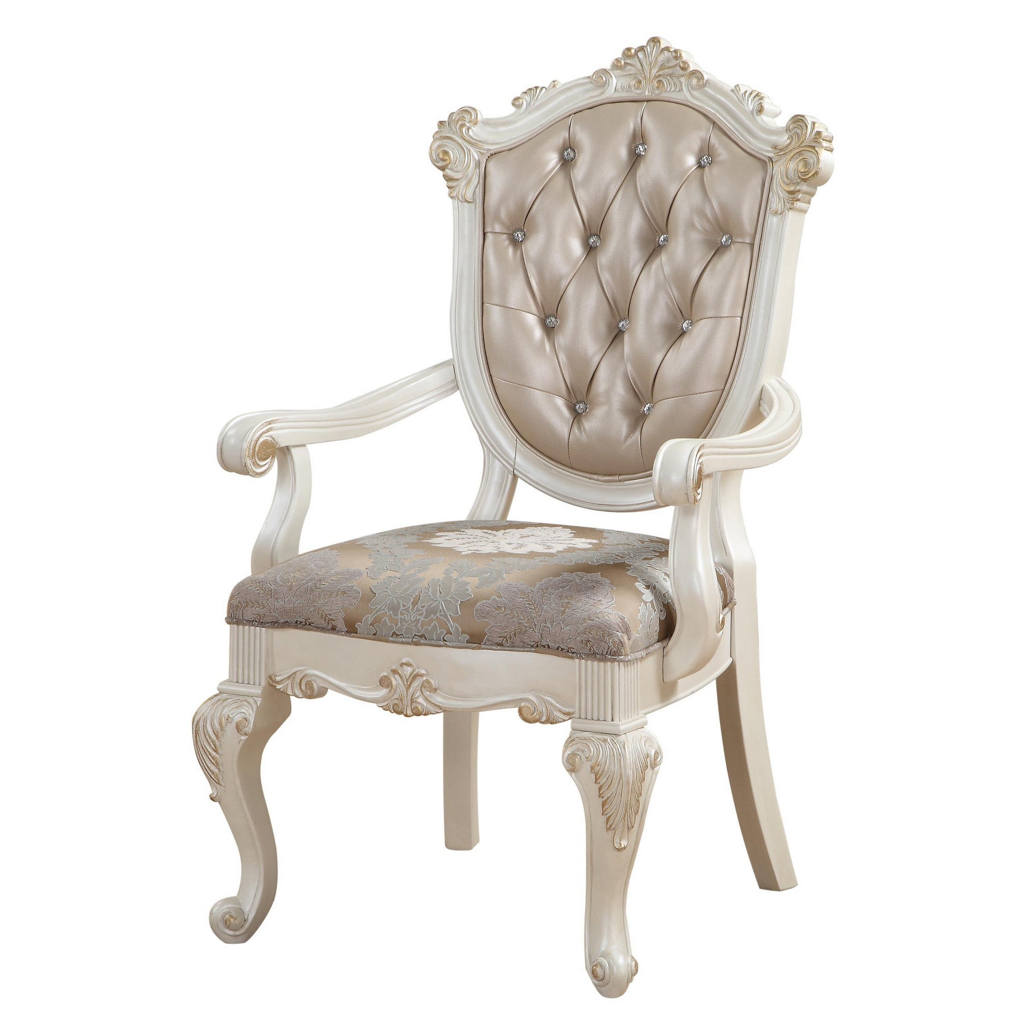 Benjara Wooden Arm Chair with Floral Patterned Padded Seat, Set of 2,White And Gold