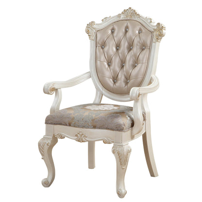 Benjara Wooden Arm Chair with Floral Patterned Padded Seat, Set of 2,White And Gold