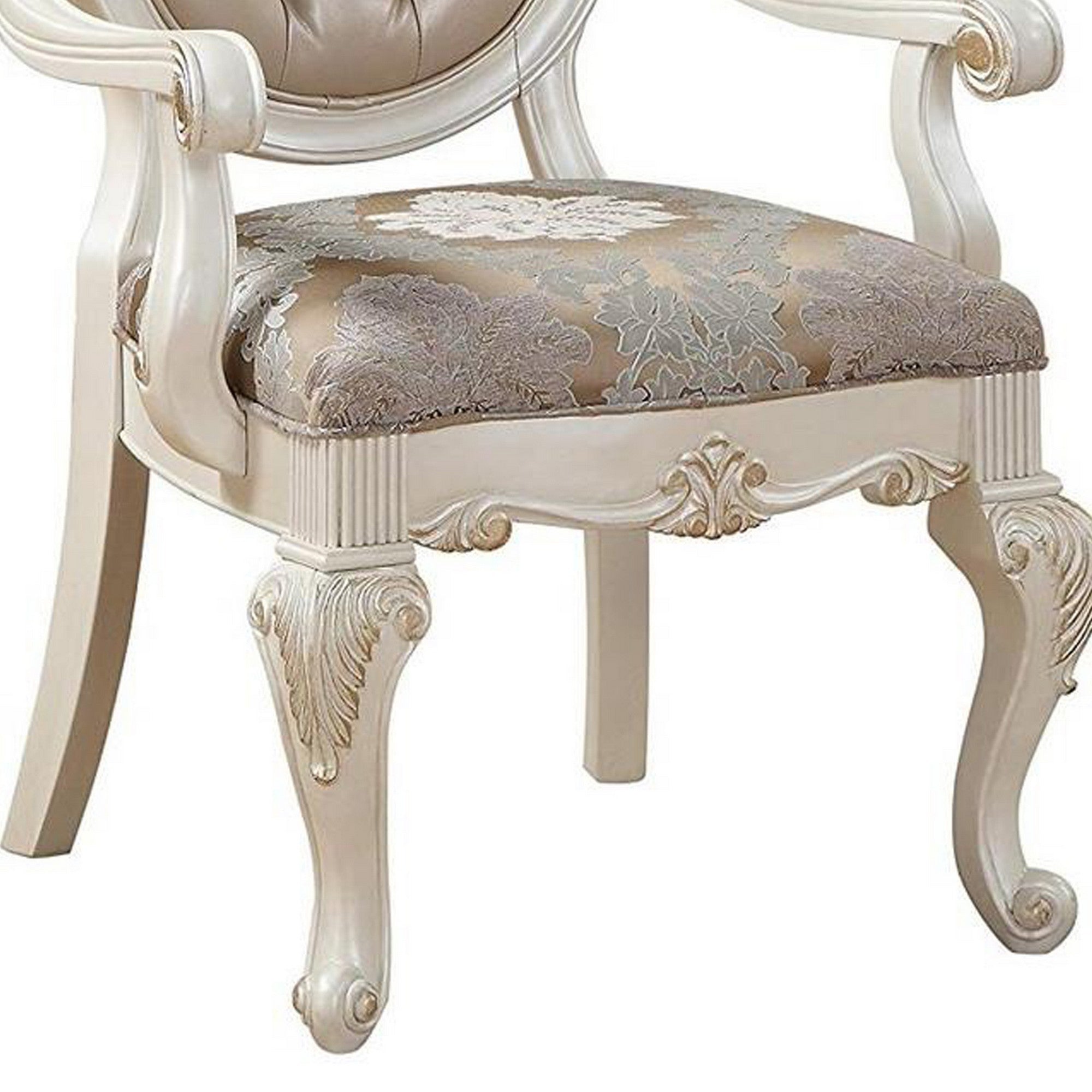 Benjara Wooden Arm Chair with Floral Patterned Padded Seat, Set of 2,White And Gold