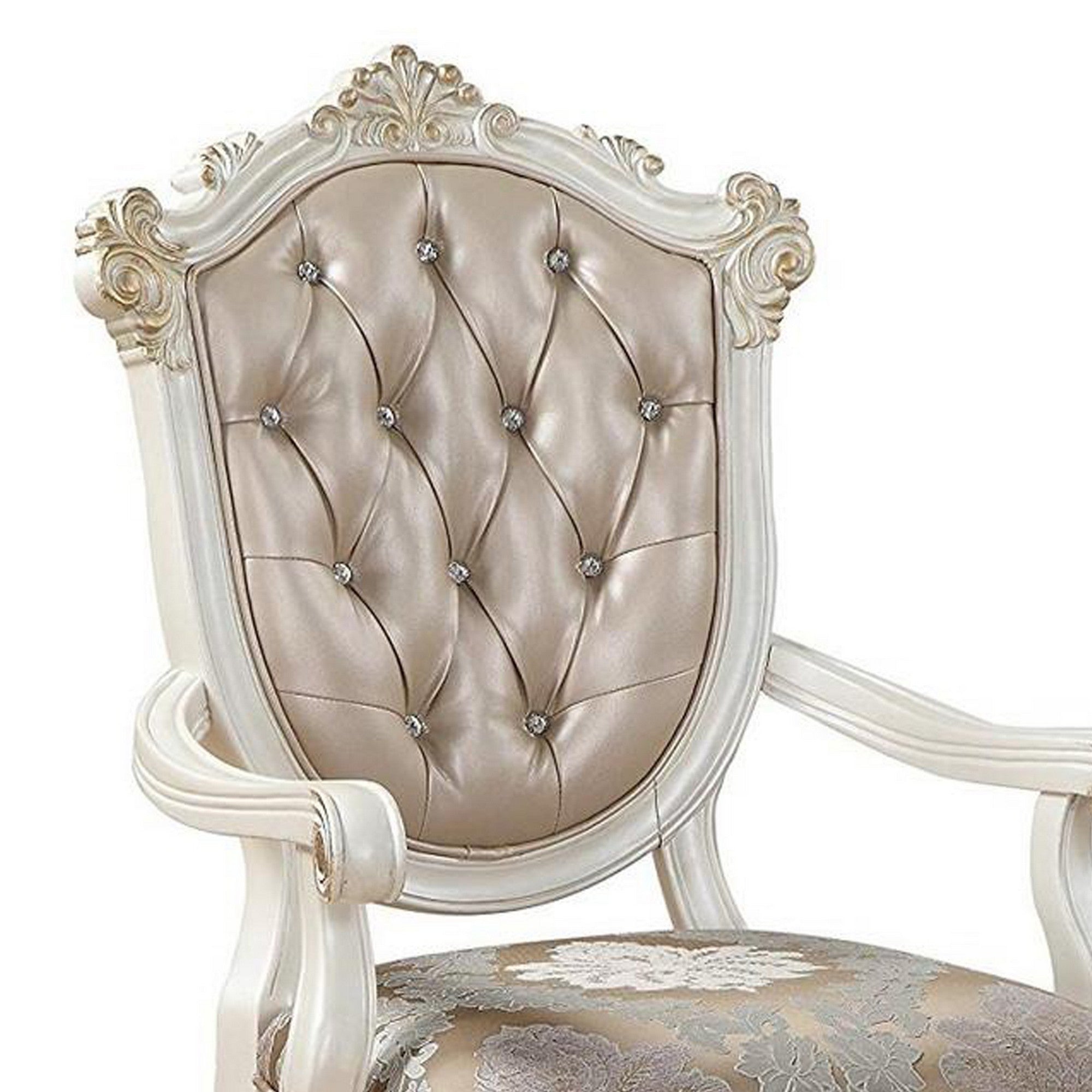 Benjara Wooden Arm Chair with Floral Patterned Padded Seat, Set of 2,White And Gold