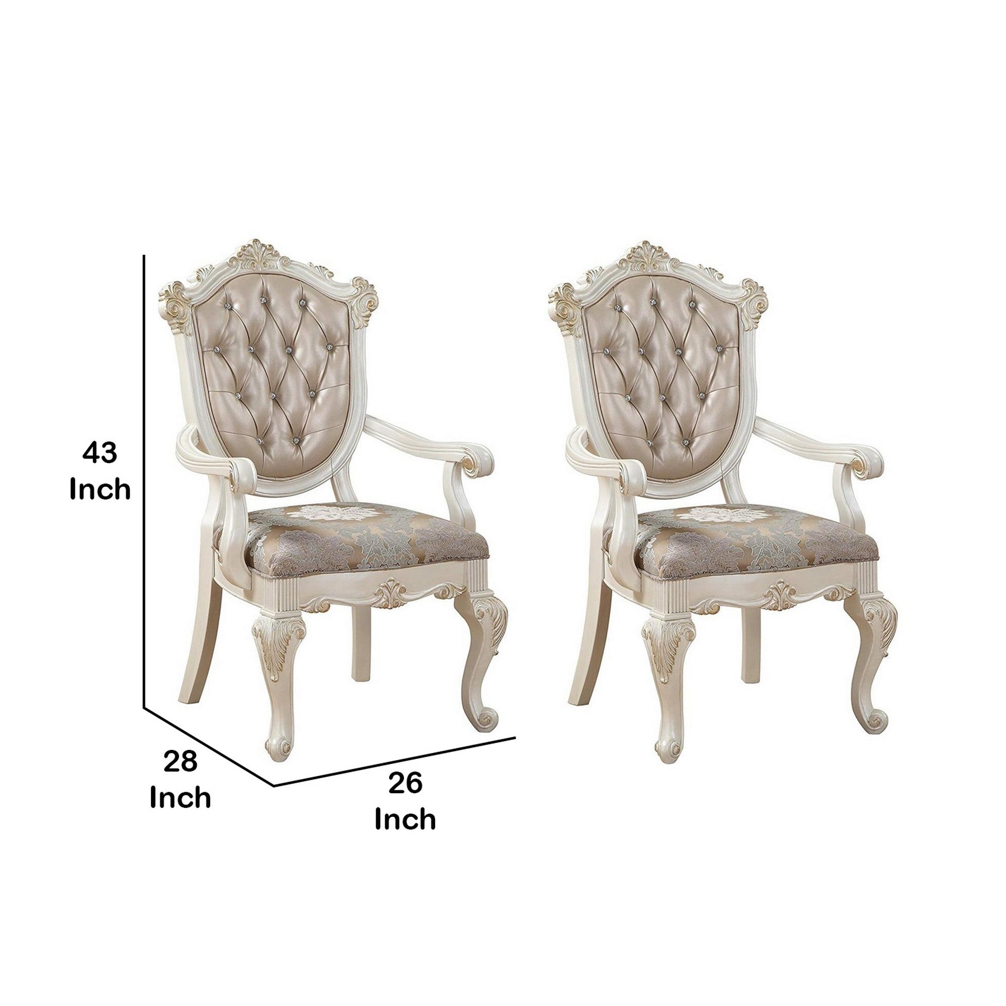 Benjara Wooden Arm Chair with Floral Patterned Padded Seat, Set of 2,White And Gold