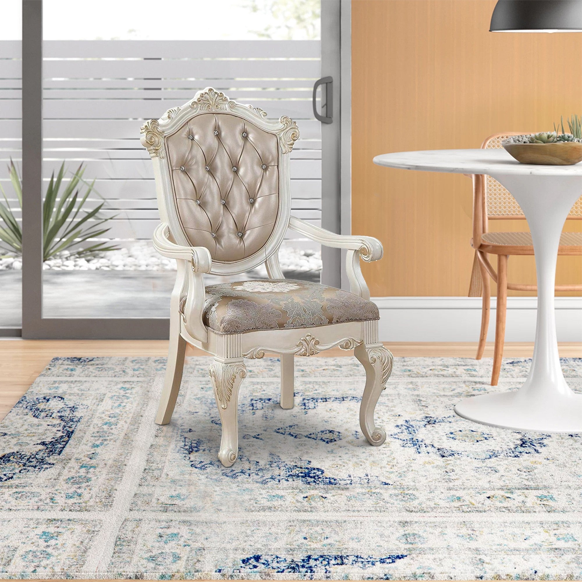 Benjara Wooden Arm Chair with Floral Patterned Padded Seat, Set of 2,White And Gold
