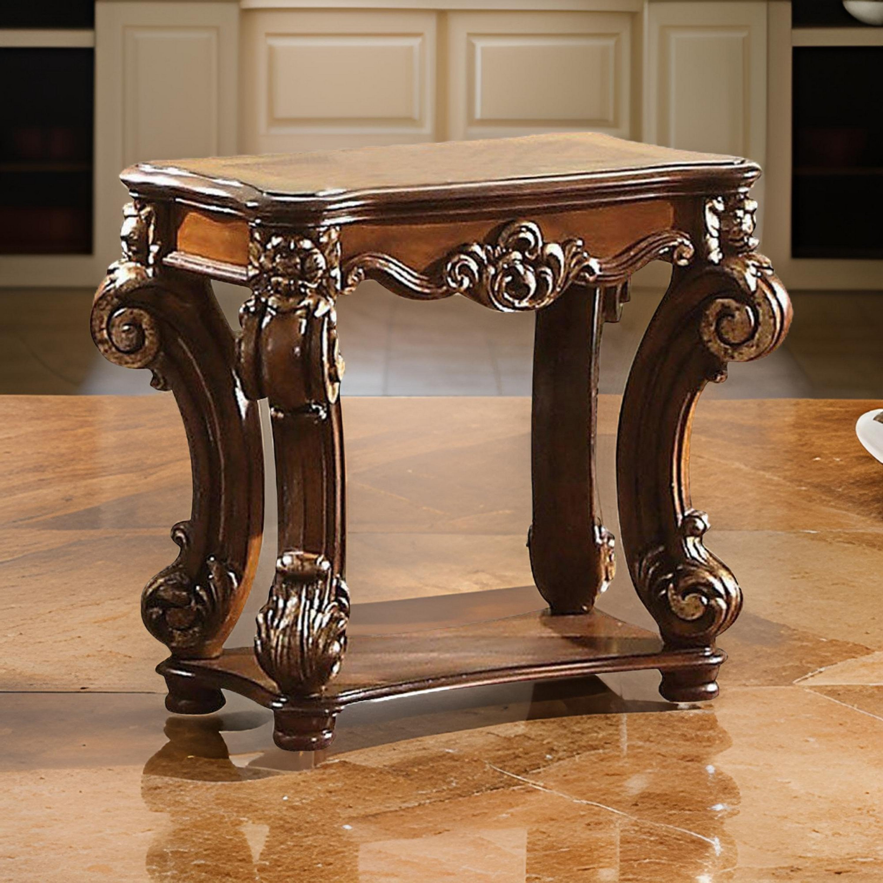 Benjara Royal Designed Wooden Side Table with Intricately Carved Body, Brown