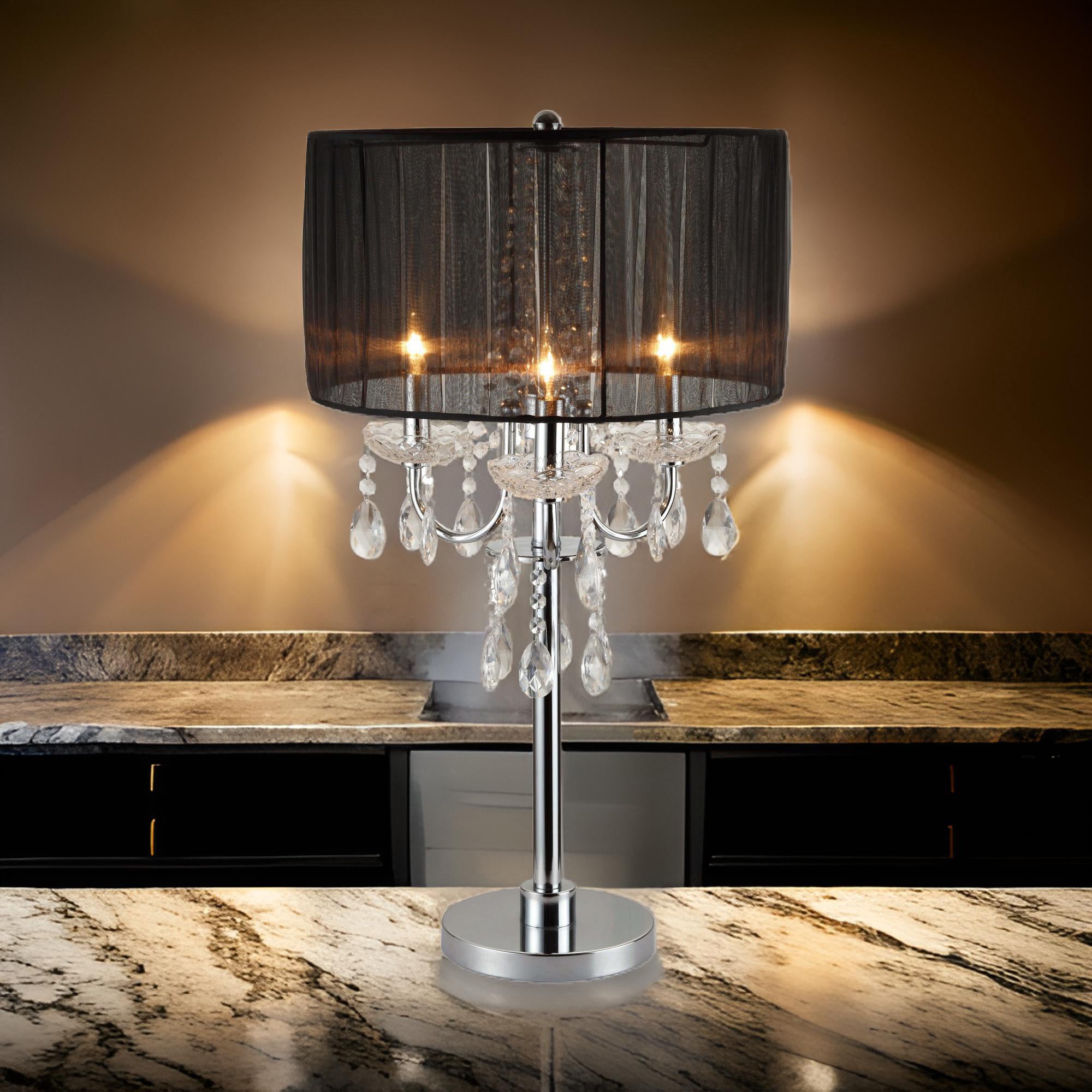 Benjara Metal Chandelier Table Lamp with Crystal Accent, Set of 2,Black And Chrome