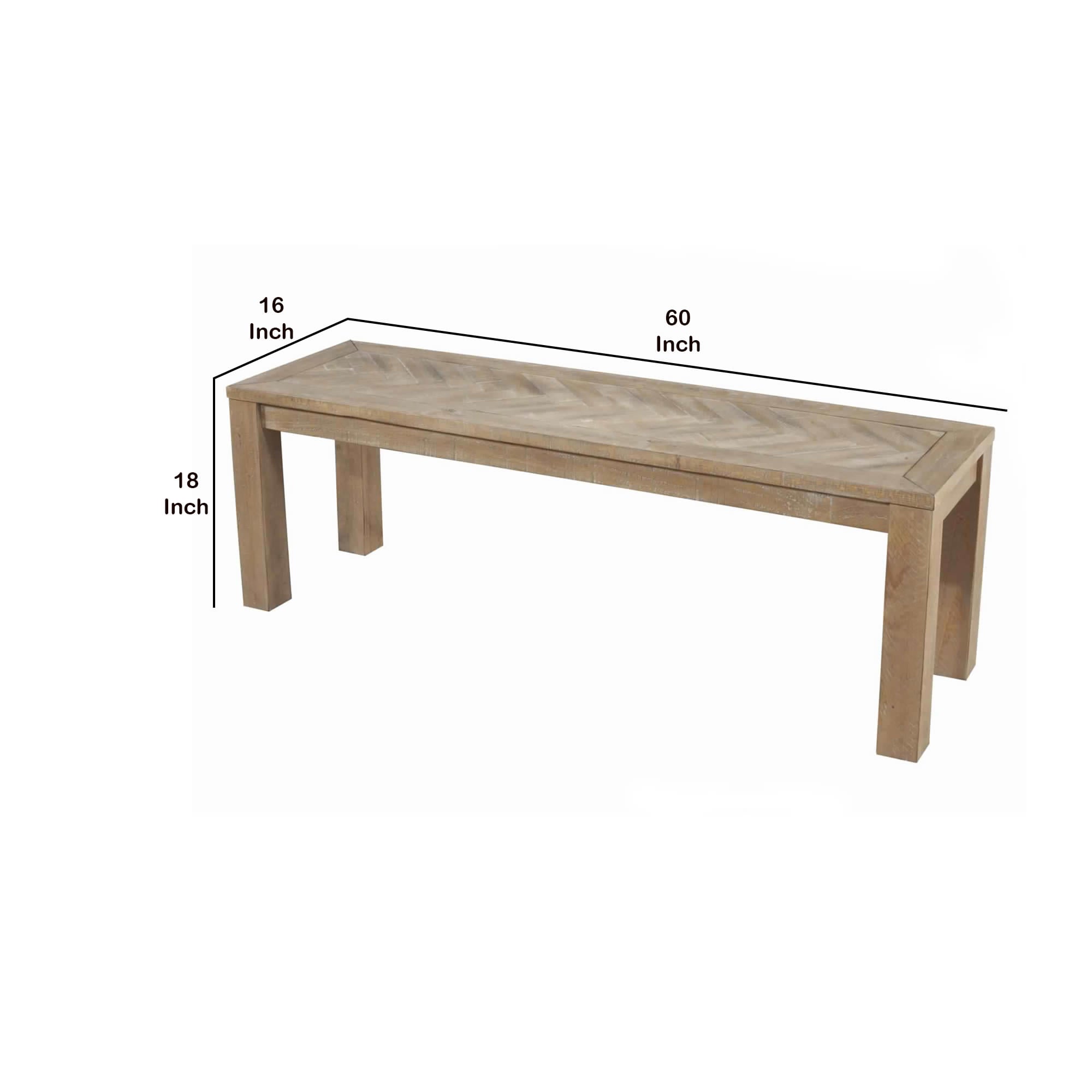 Benjara Rectangular Wooden Dining Bench with Block Legs, Weathered Brown