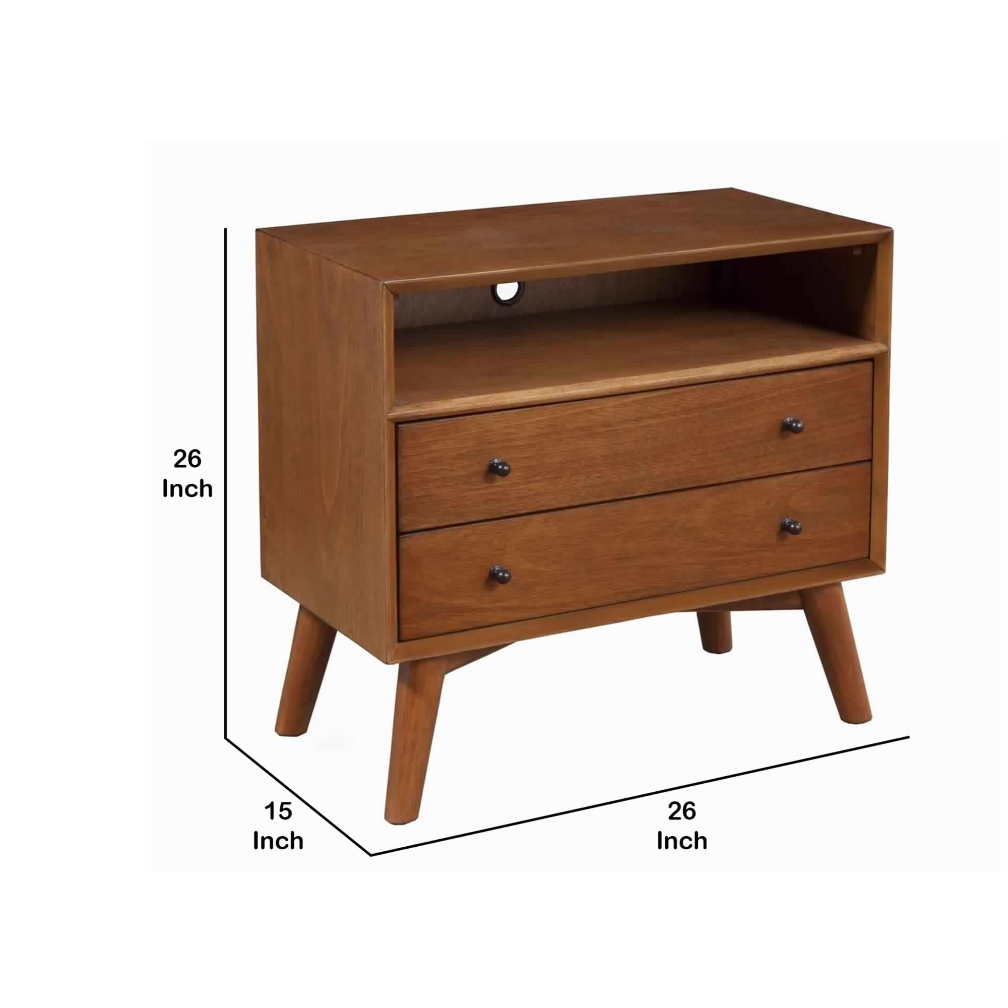 Benjara 2 Drawer Wooden Nightstand with Open Compartment And Splayed Legs, Brown