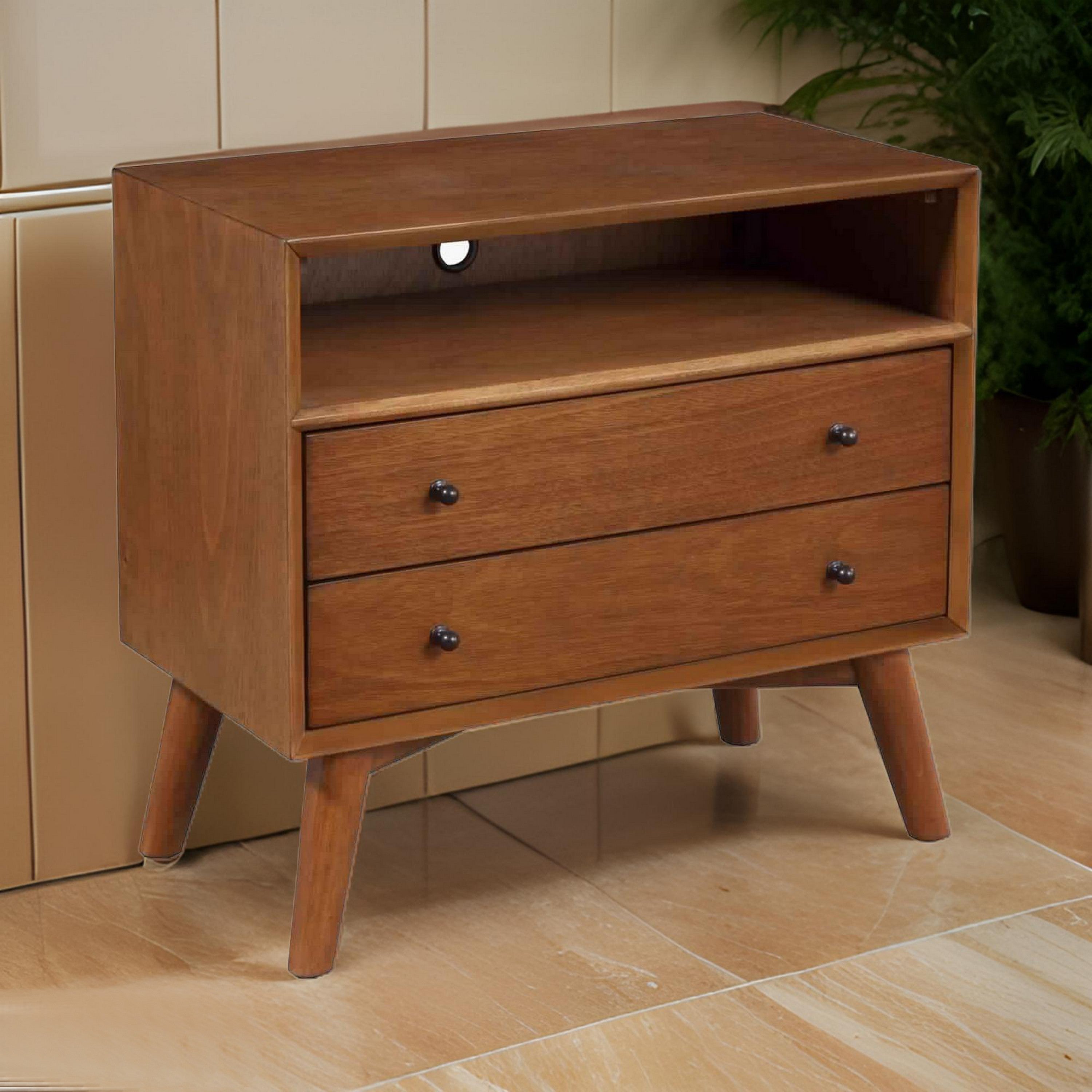 Benjara 2 Drawer Wooden Nightstand with Open Compartment And Splayed Legs, Brown