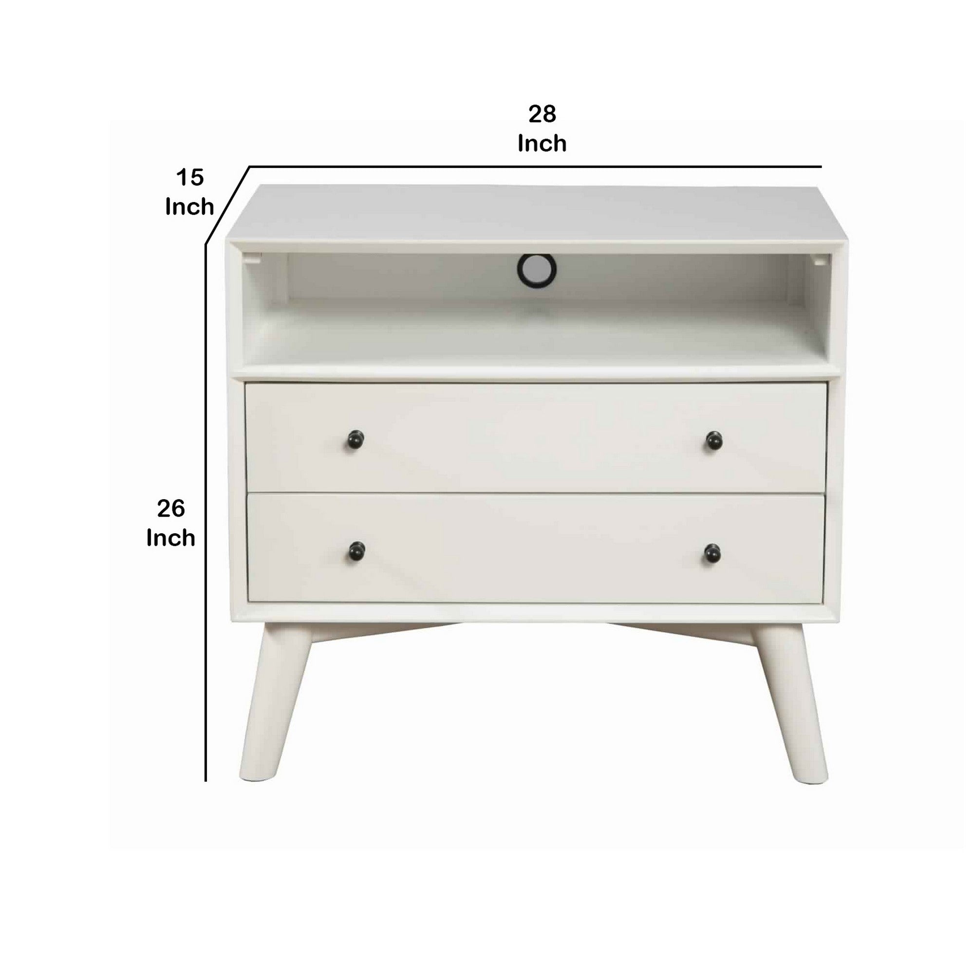 Benjara 2 Drawer Wooden Nightstand with Open Compartment And Splayed Legs, White