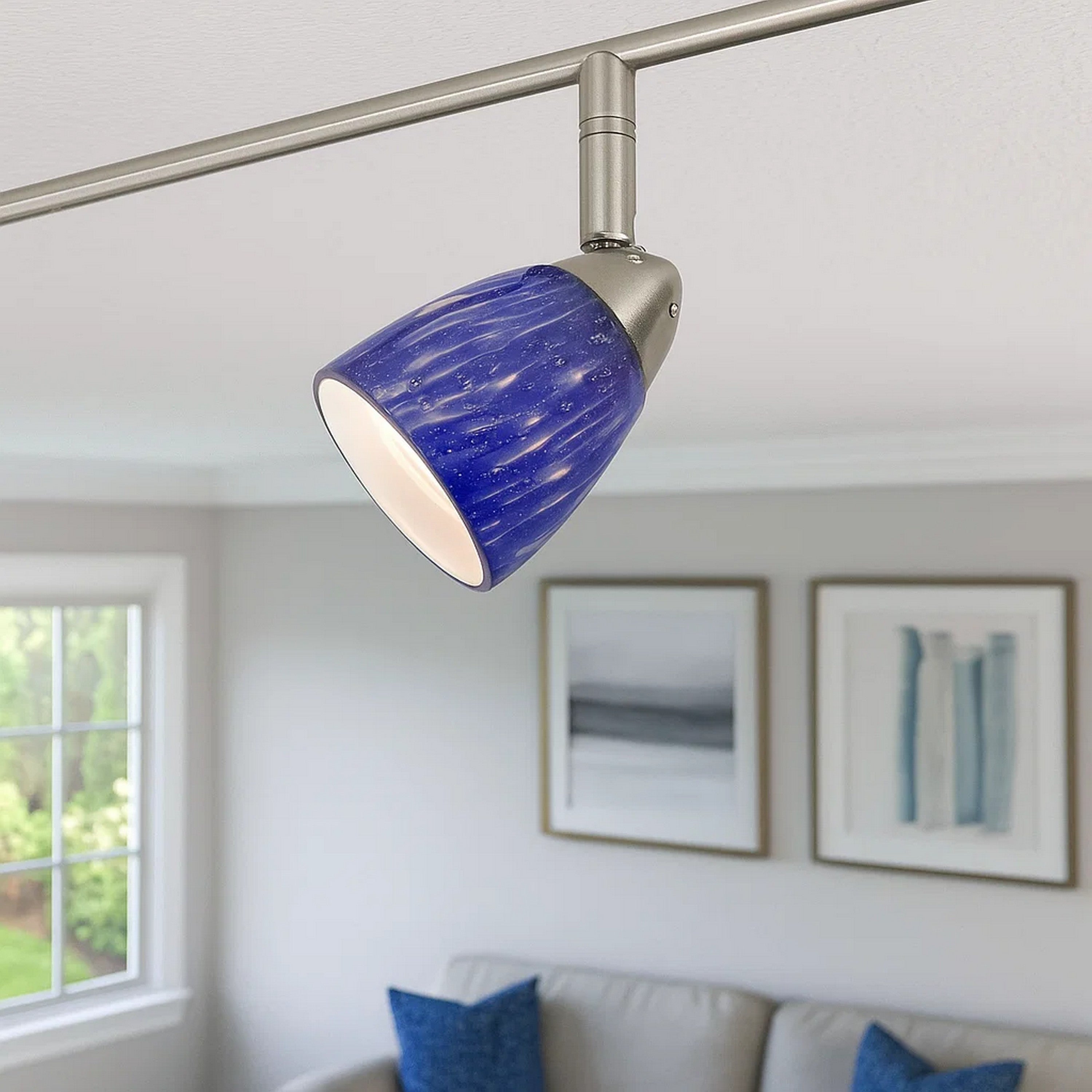 Benjara 50 Watt Track Fixture With Handblown Glass Shade, Silver And Blue