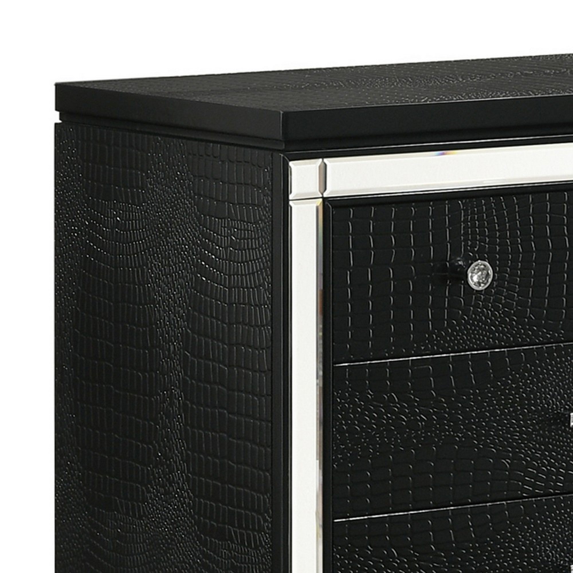 Benjara 3 Drawer Wooden Nightstand with Mirror Accents And Faux Crystal Pulls,Black
