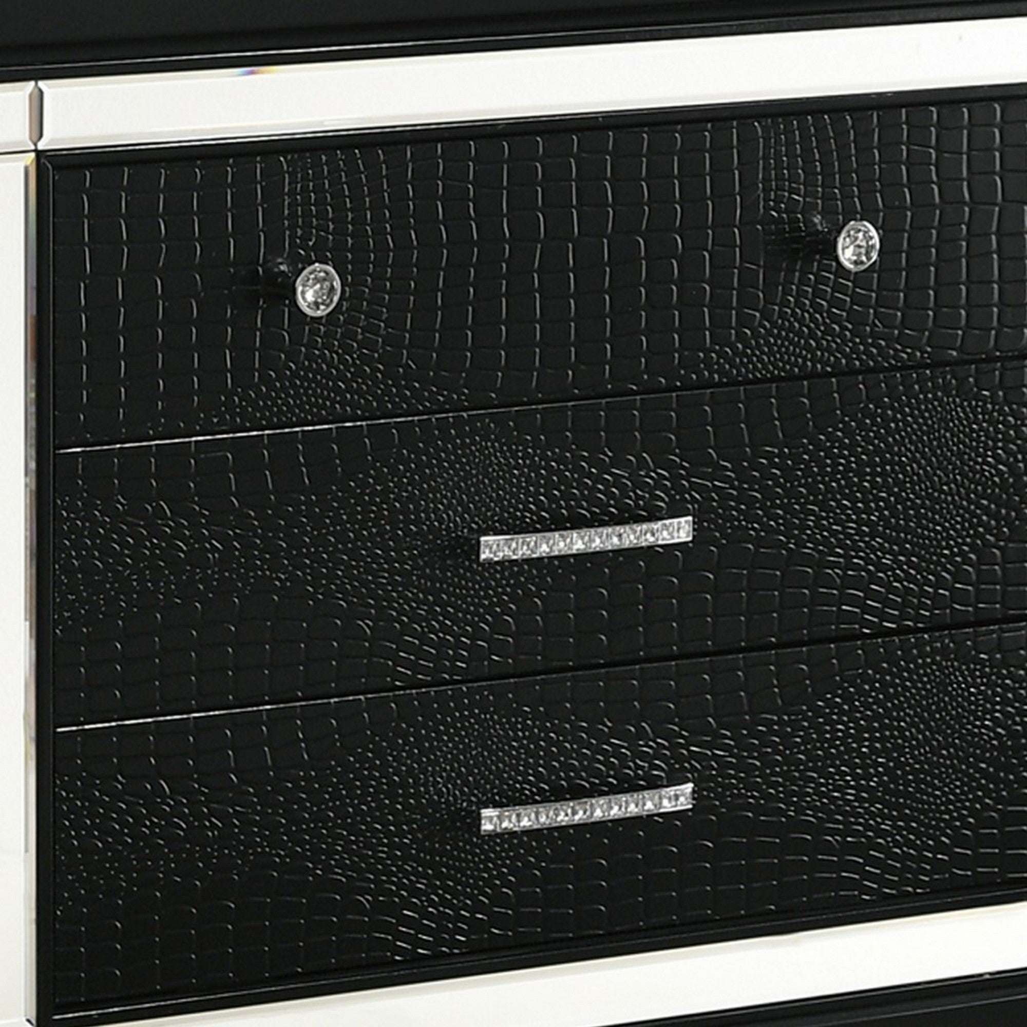 Benjara 3 Drawer Wooden Nightstand with Mirror Accents And Faux Crystal Pulls,Black