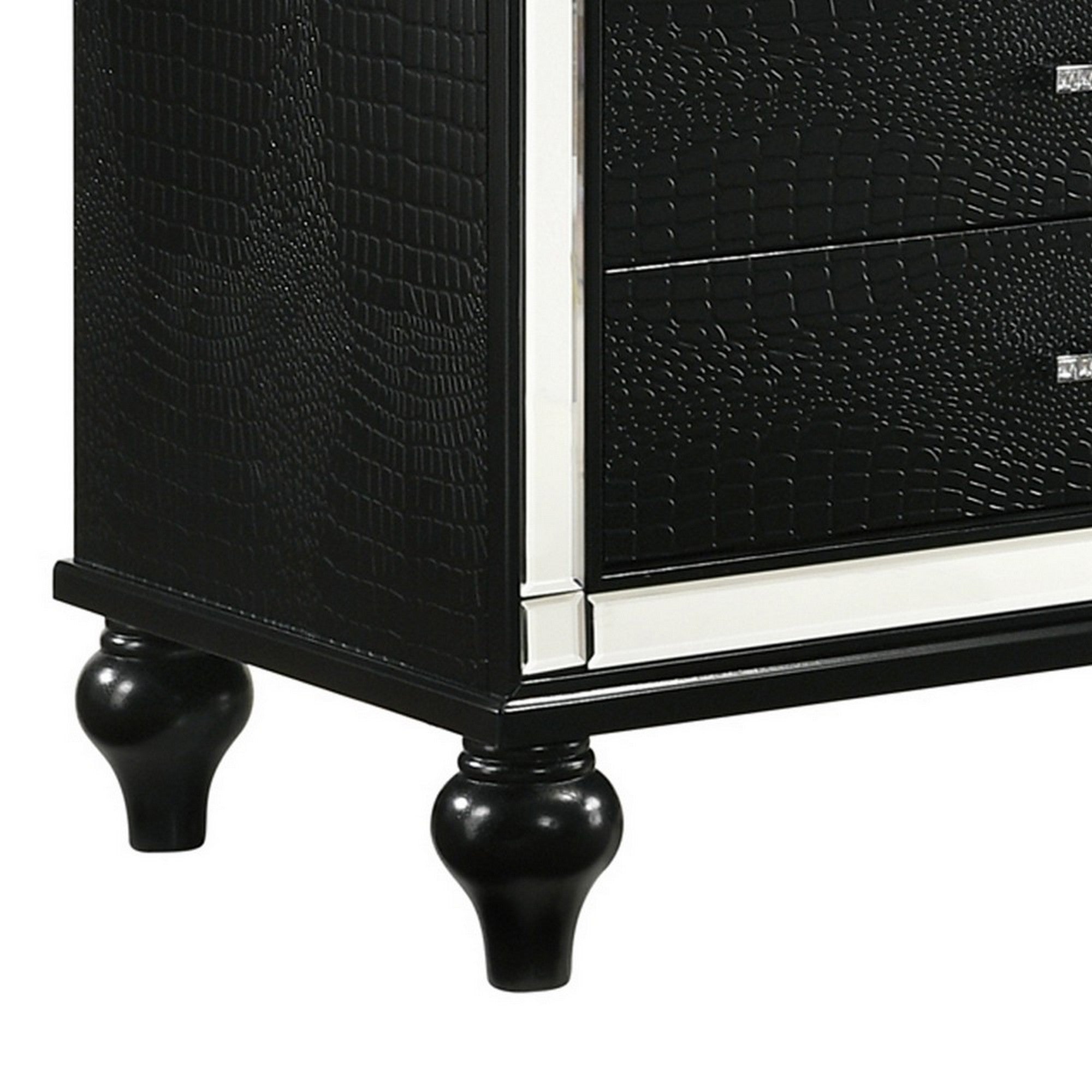 Benjara 3 Drawer Wooden Nightstand with Mirror Accents And Faux Crystal Pulls,Black