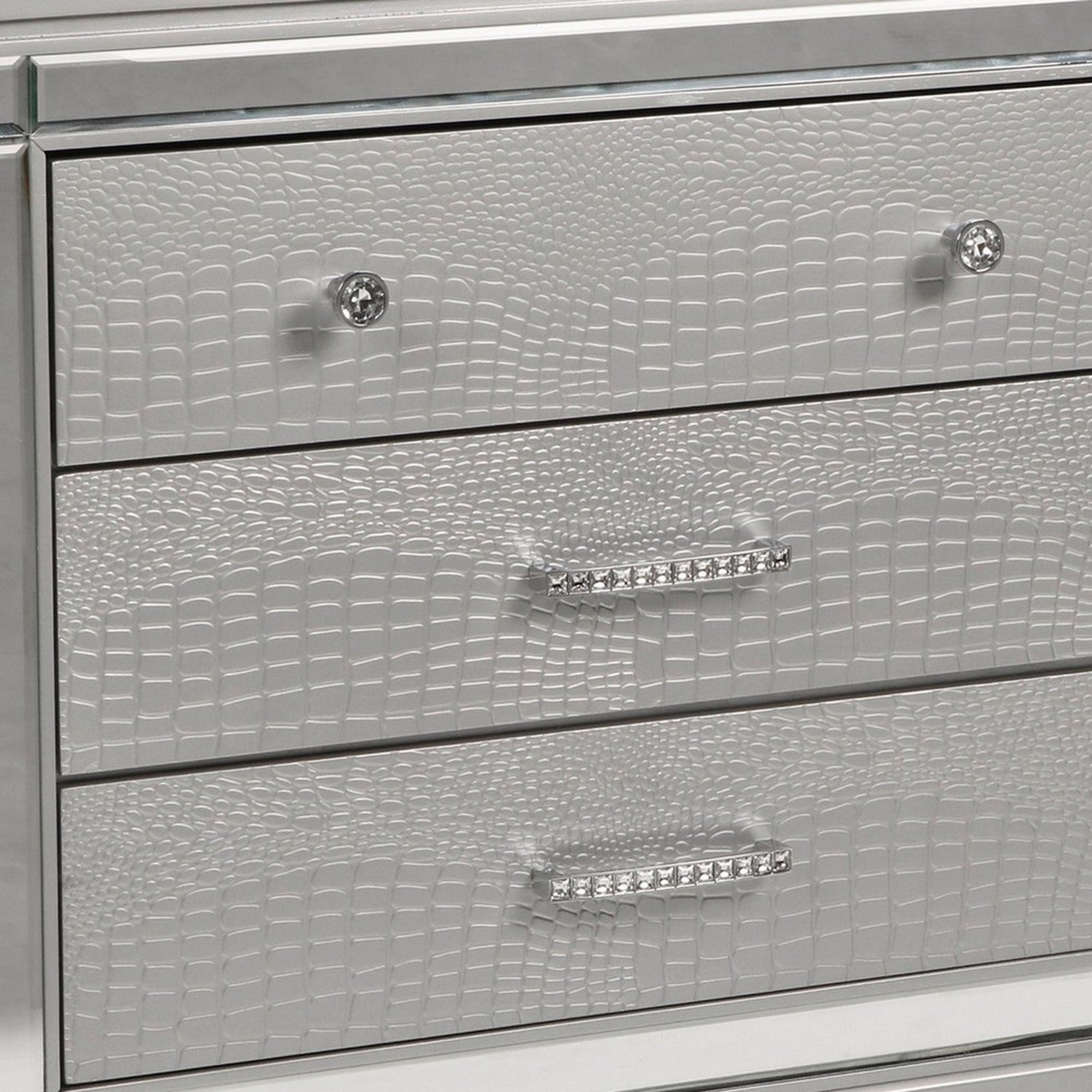 Benjara 3 Drawer Wooden Nightstand with Mirror Accents And Faux Crystal Pulls, Gray
