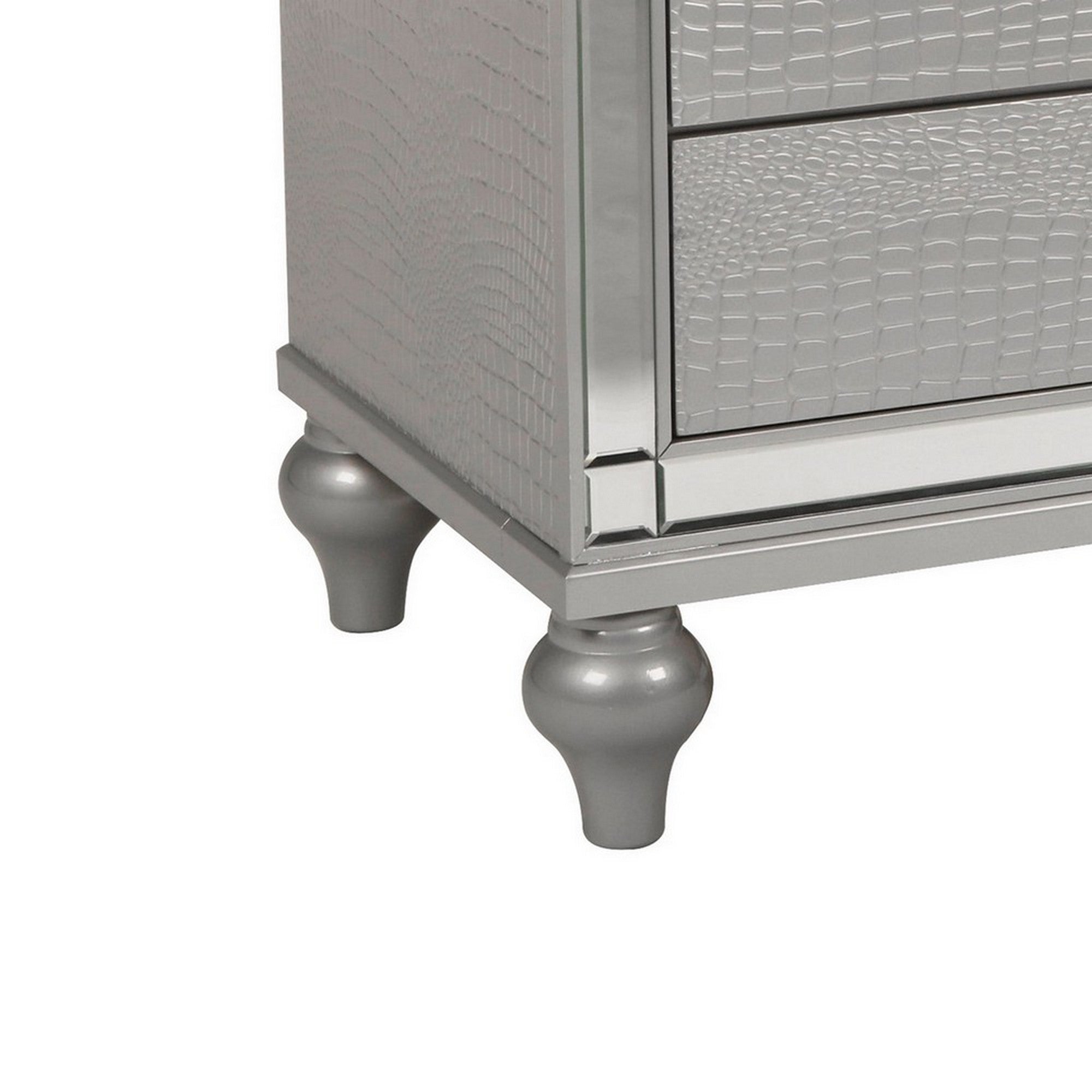 Benjara 3 Drawer Wooden Nightstand with Mirror Accents And Faux Crystal Pulls, Gray