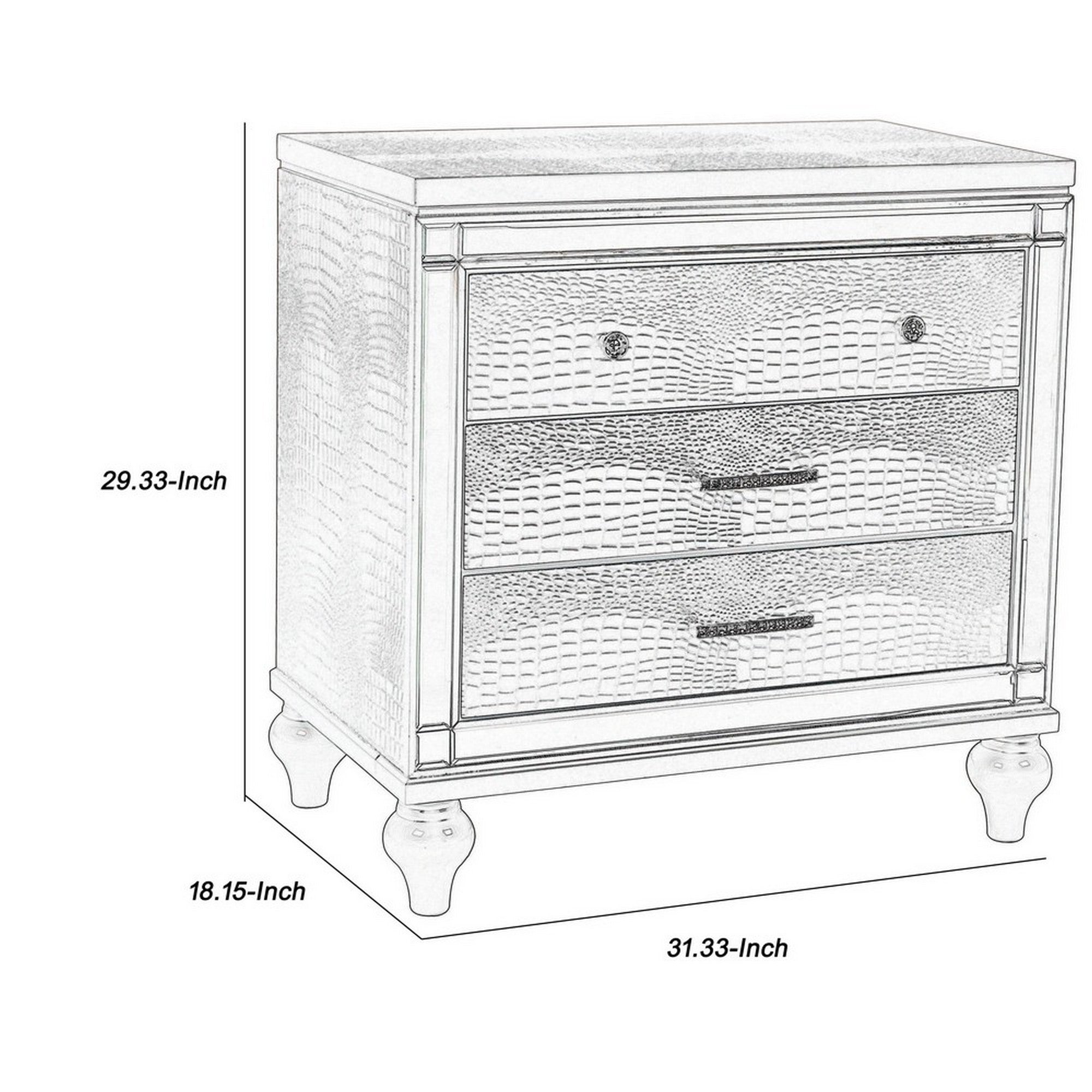 Benjara 3 Drawer Wooden Nightstand with Mirror Accents And Faux Crystal Pulls, Gray