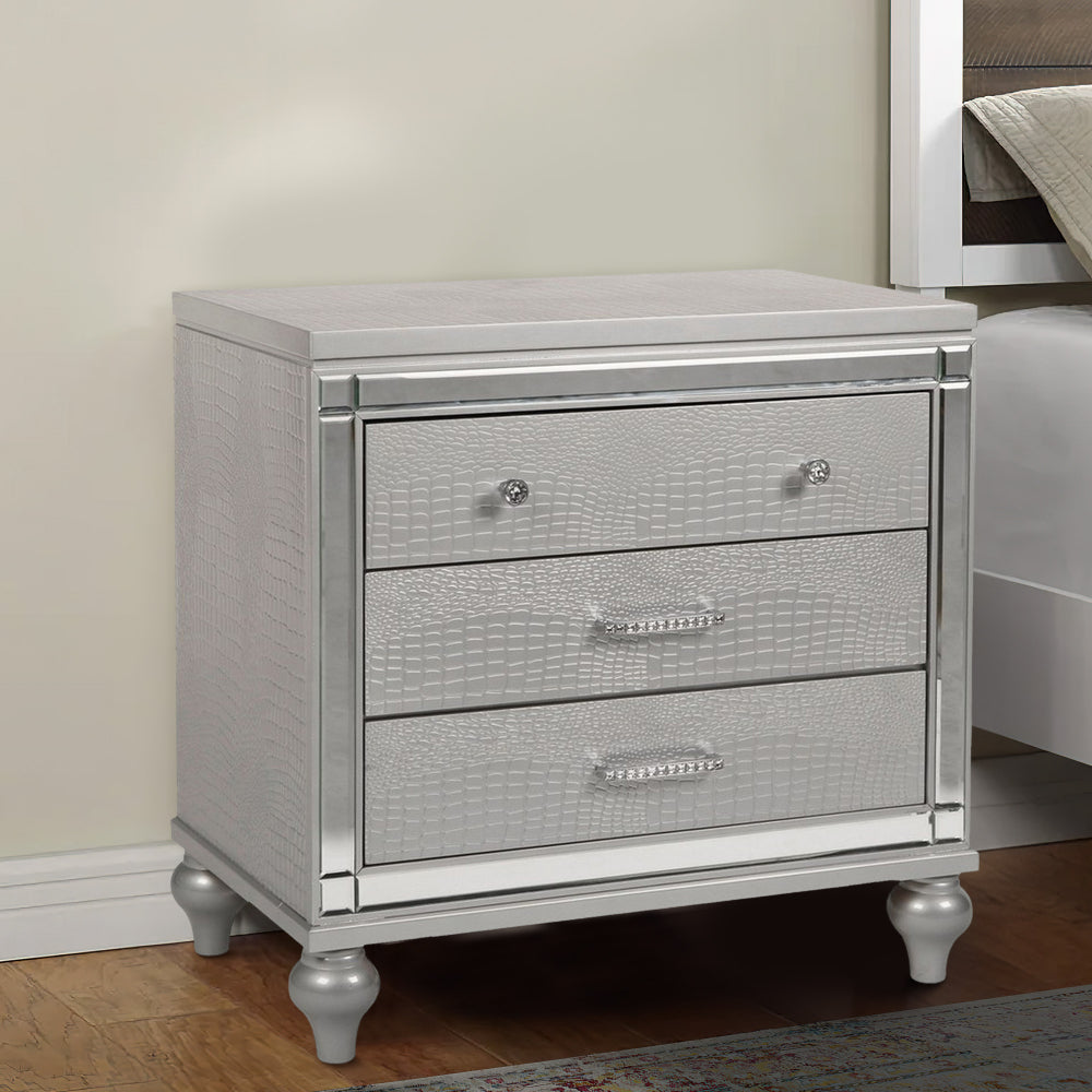 Benjara 3 Drawer Wooden Nightstand with Mirror Accents And Faux Crystal Pulls, Gray