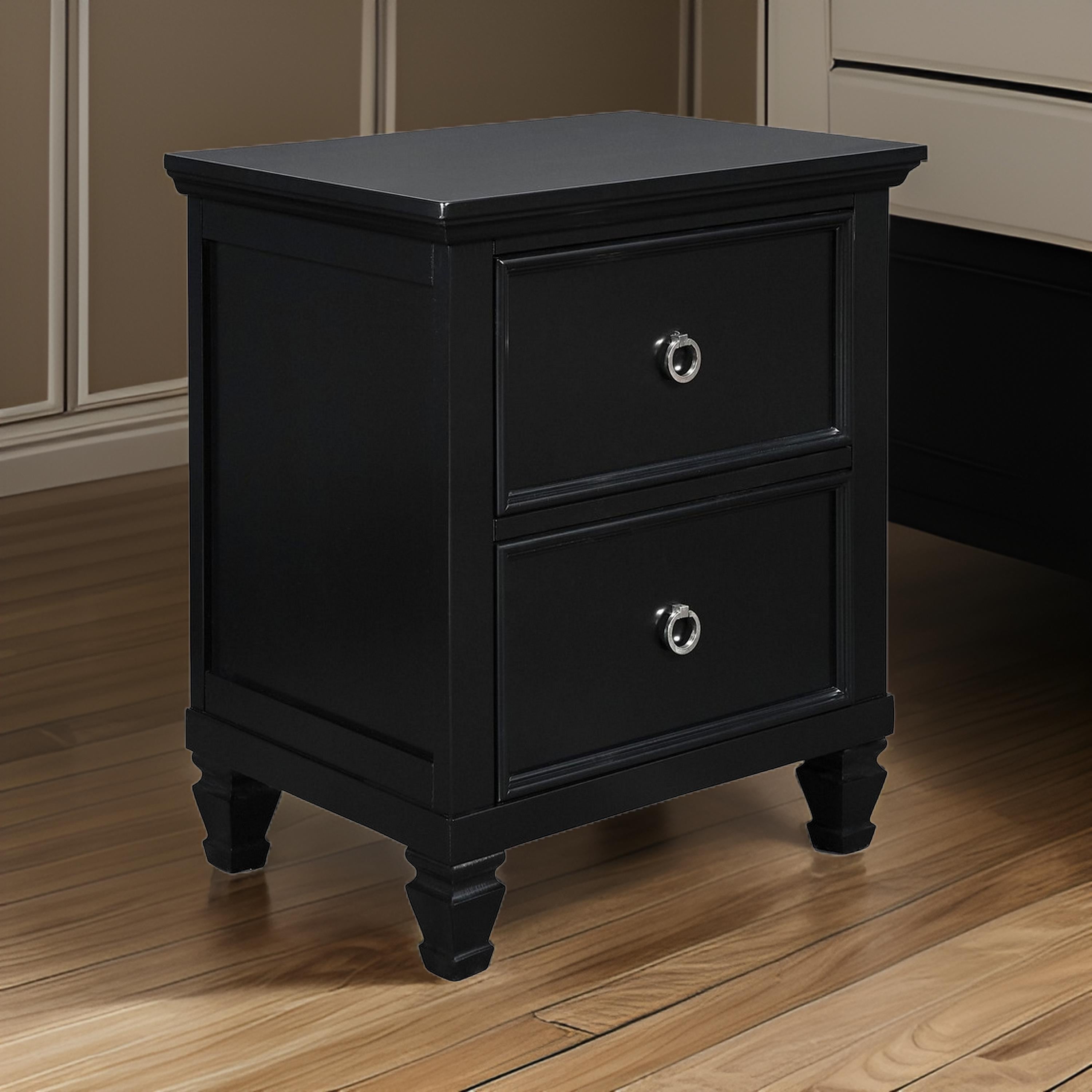 Benjara Umi 2 Drawer Wooden nightstand with Tapered Legs And Metal Rings, Black