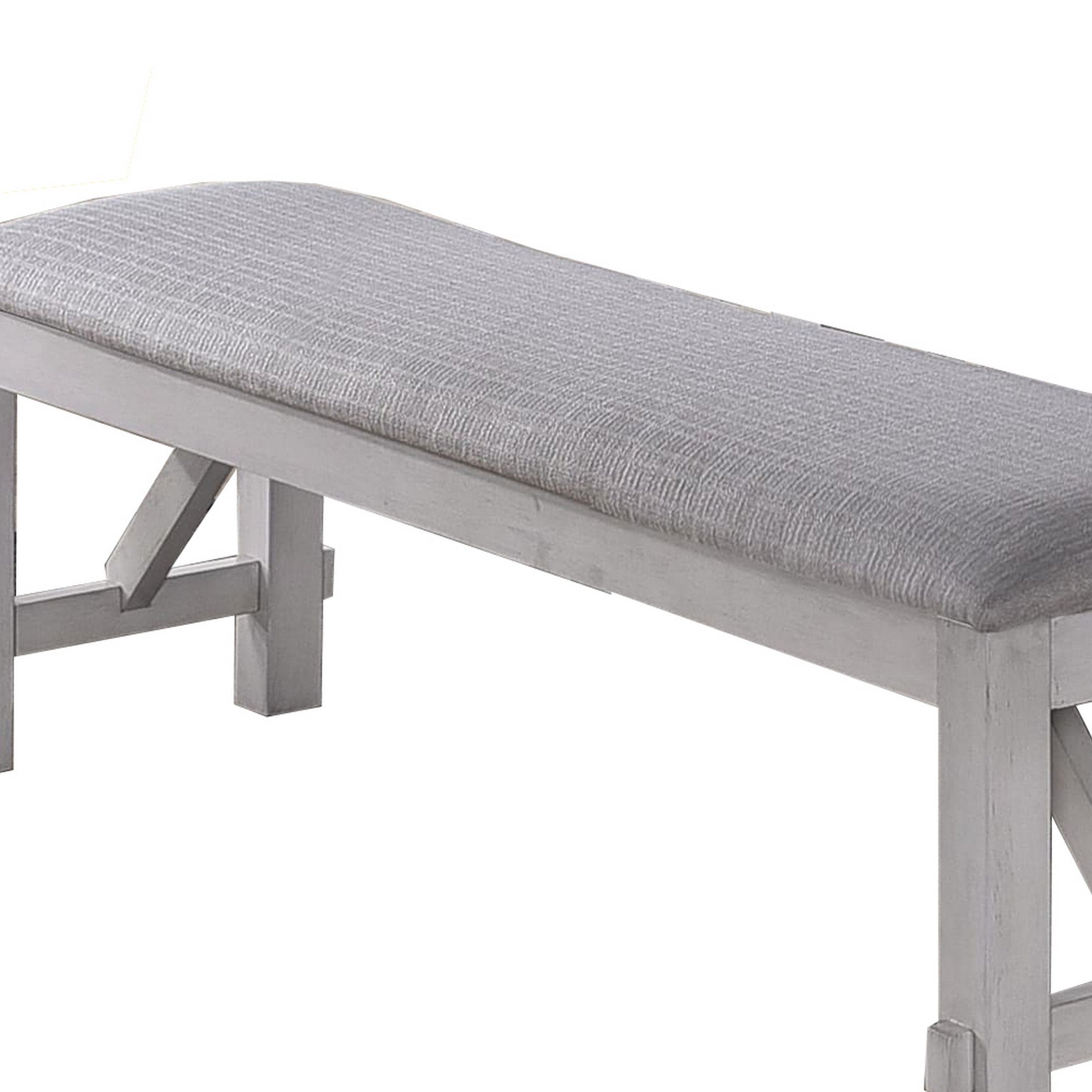 Benjara Fabric Upholstered Wooden Bench with Braces, Gray