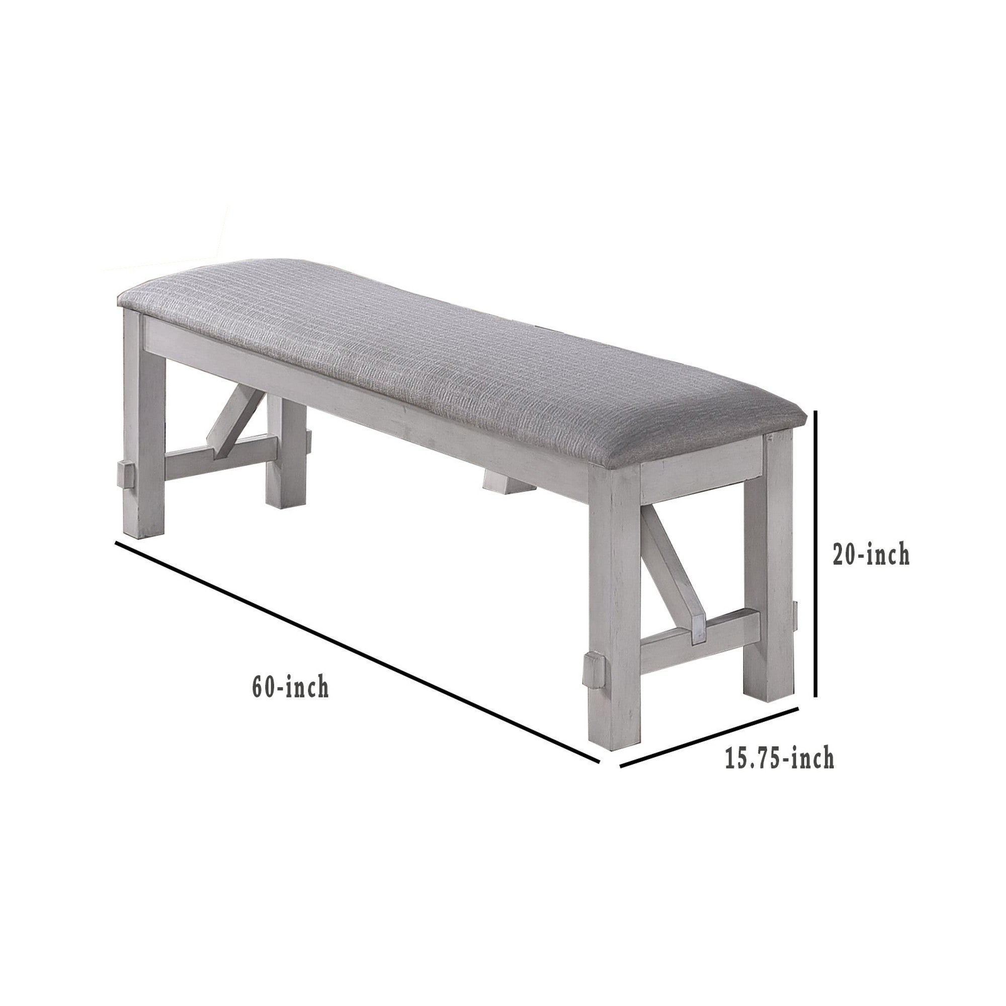 Benjara Fabric Upholstered Wooden Bench with Braces, Gray