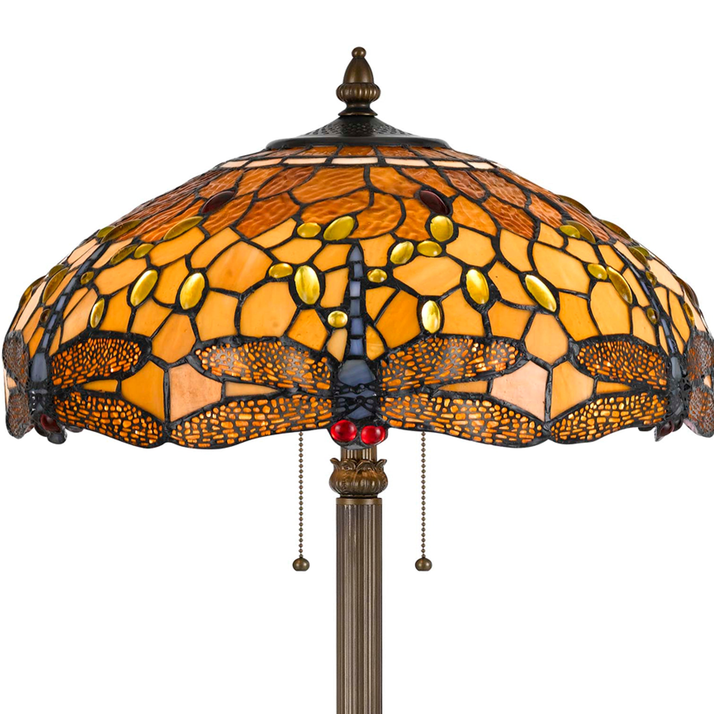 Benjara 2 Bulb Tiffany Floor Lamp With Dragonfly Design Shade, Multicolor