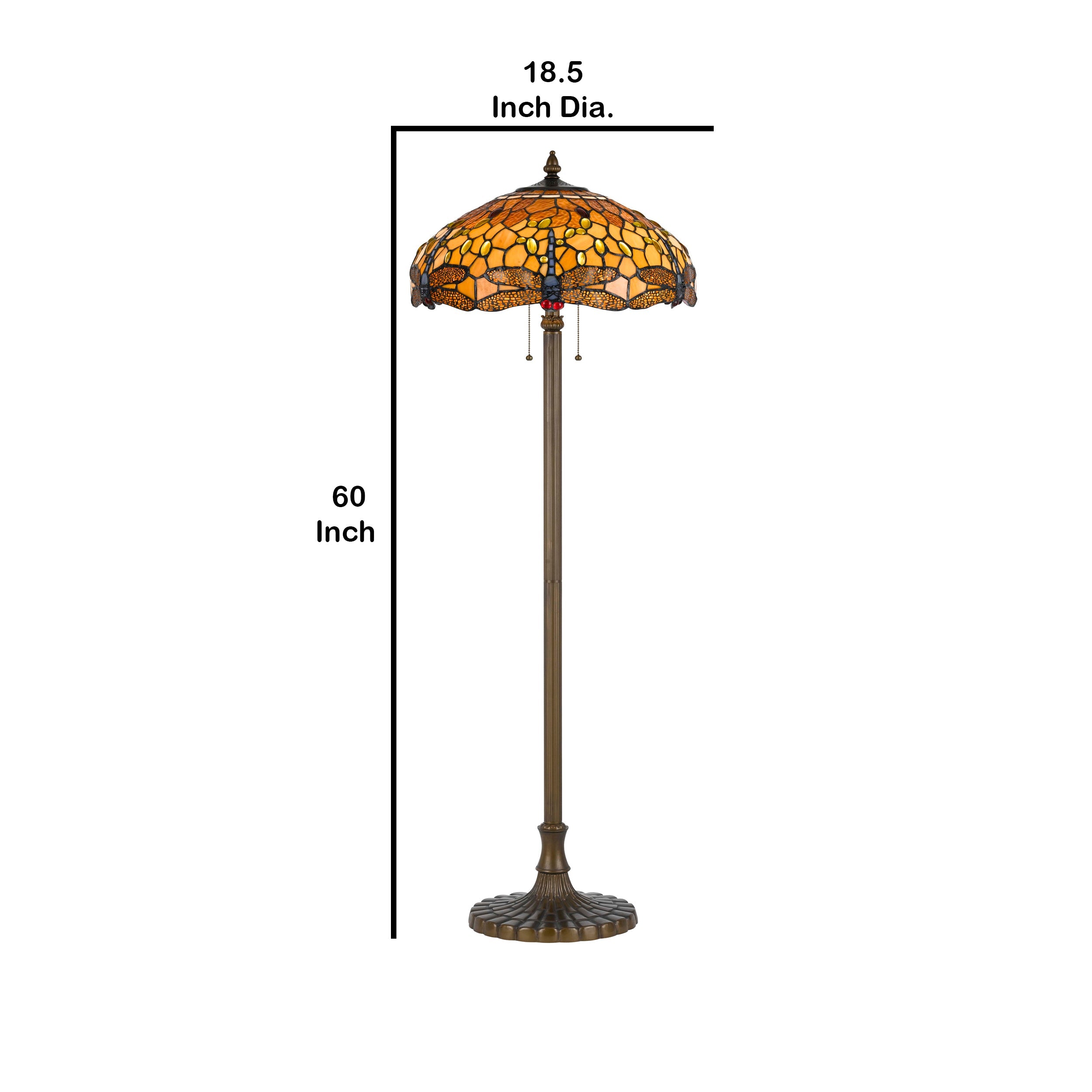 Benjara 2 Bulb Tiffany Floor Lamp With Dragonfly Design Shade, Multicolor