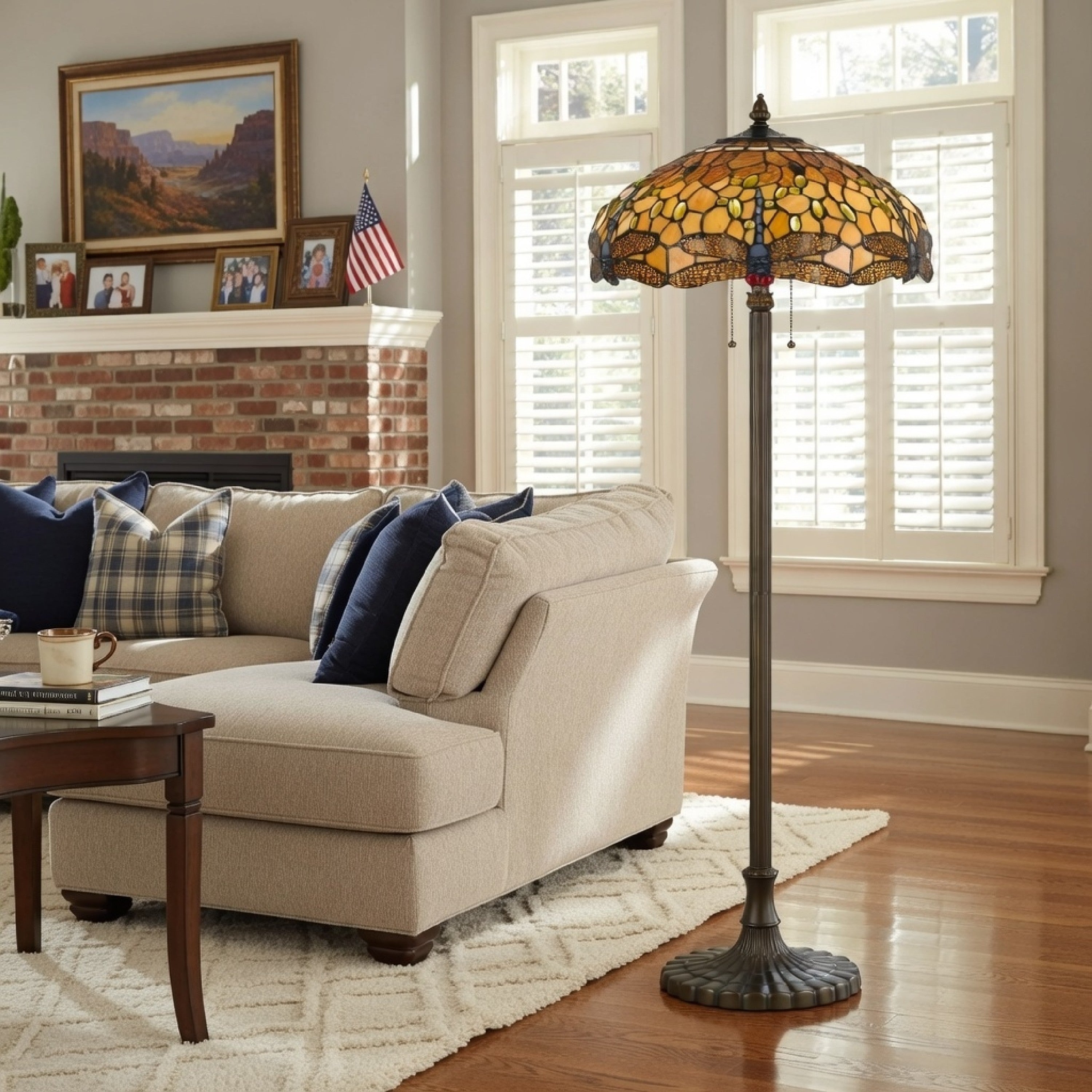 Benjara 2 Bulb Tiffany Floor Lamp With Dragonfly Design Shade, Multicolor