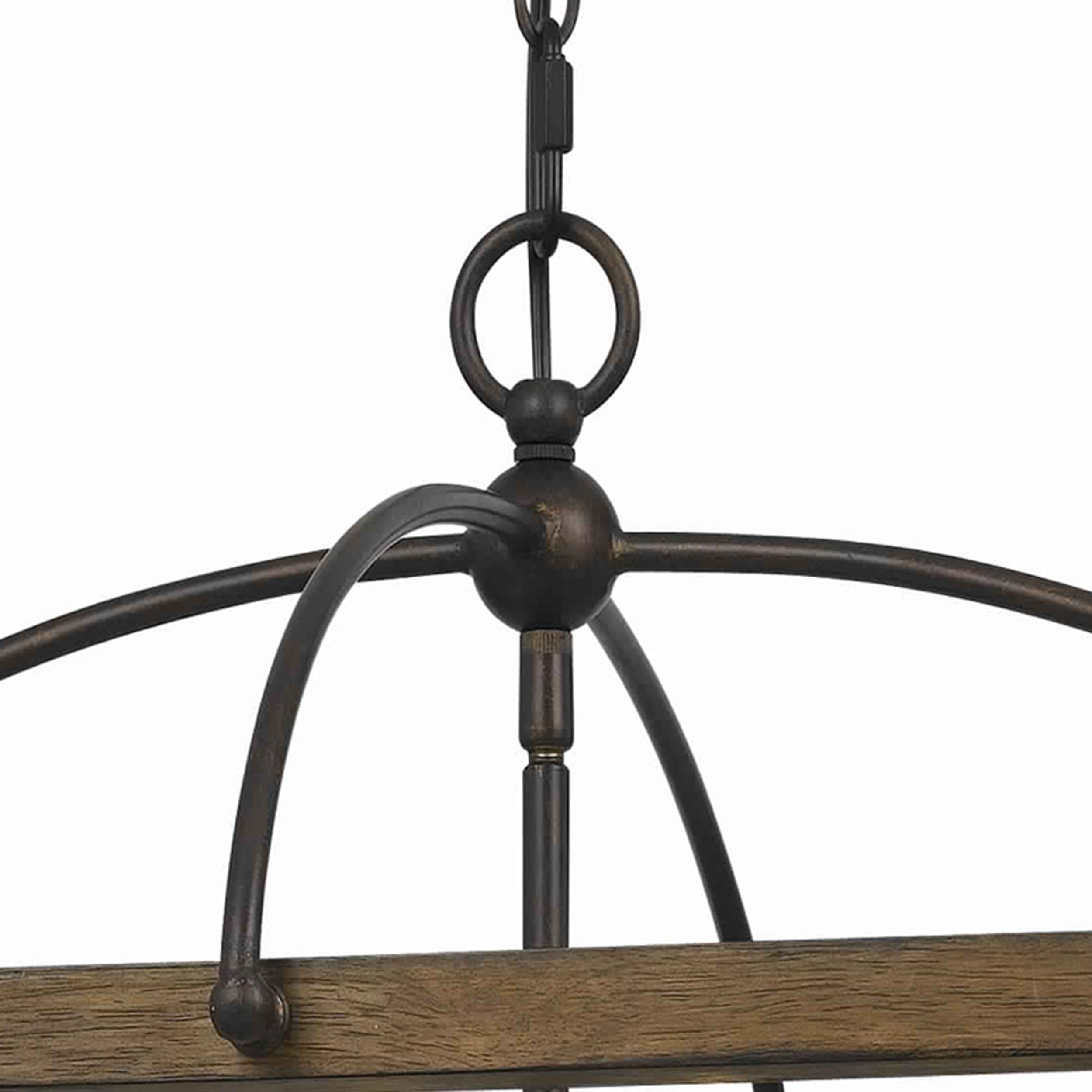 Benjara 6 Bulb Square Chandelier With Wooden Frame And Organza Striped Shade, Brown