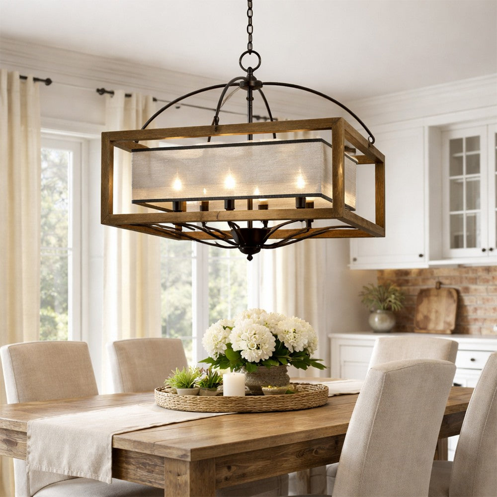 Benjara 6 Bulb Square Chandelier With Wooden Frame And Organza Striped Shade, Brown