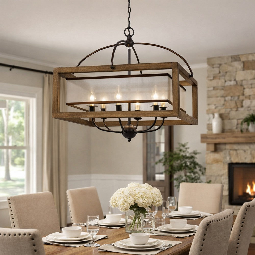 Benjara 6 Bulb Square Chandelier With Wooden Frame And Organza Striped Shade, Brown