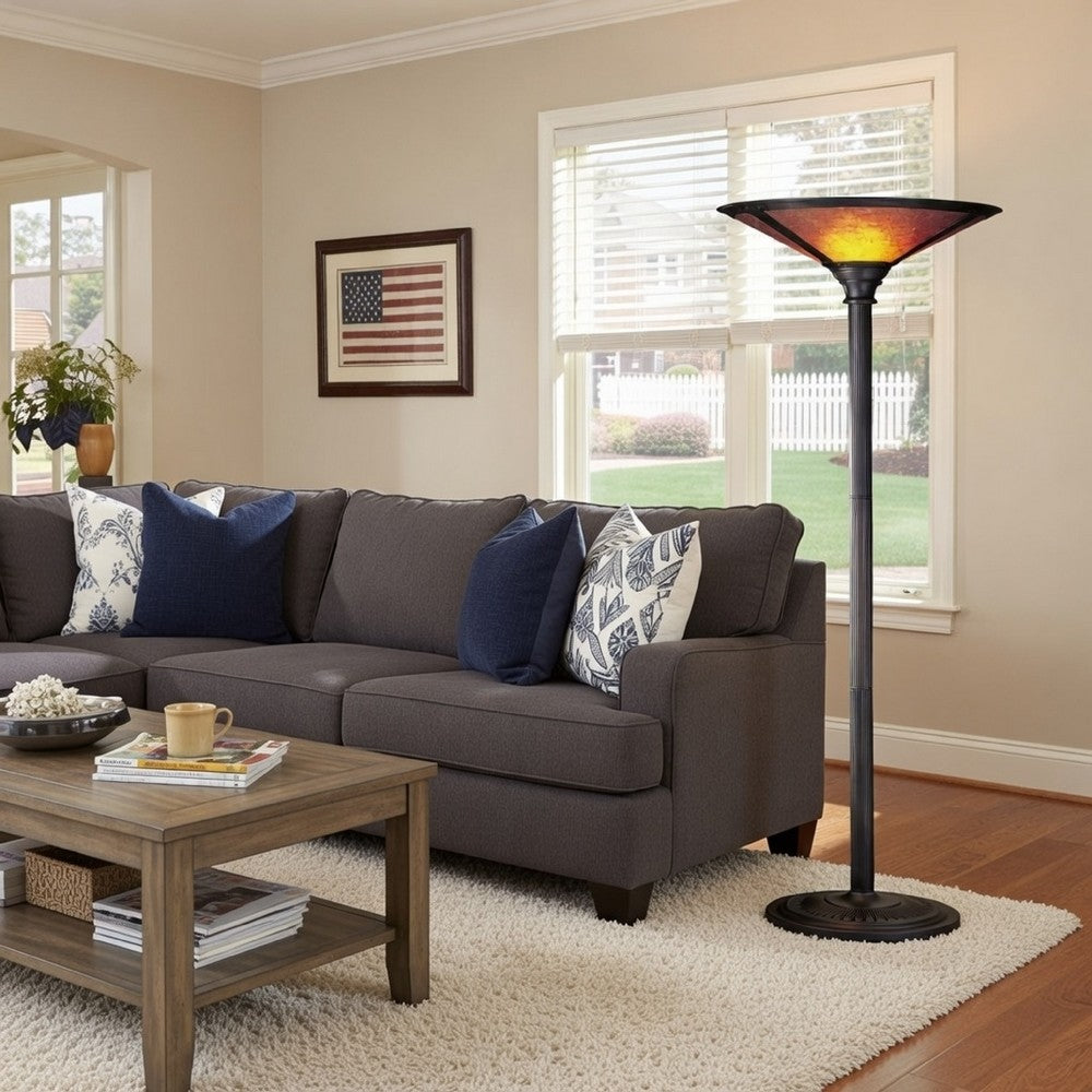 Benjara 3 Way Metal Body Torchiere Lamp With Conical Mica Shade, Bronze