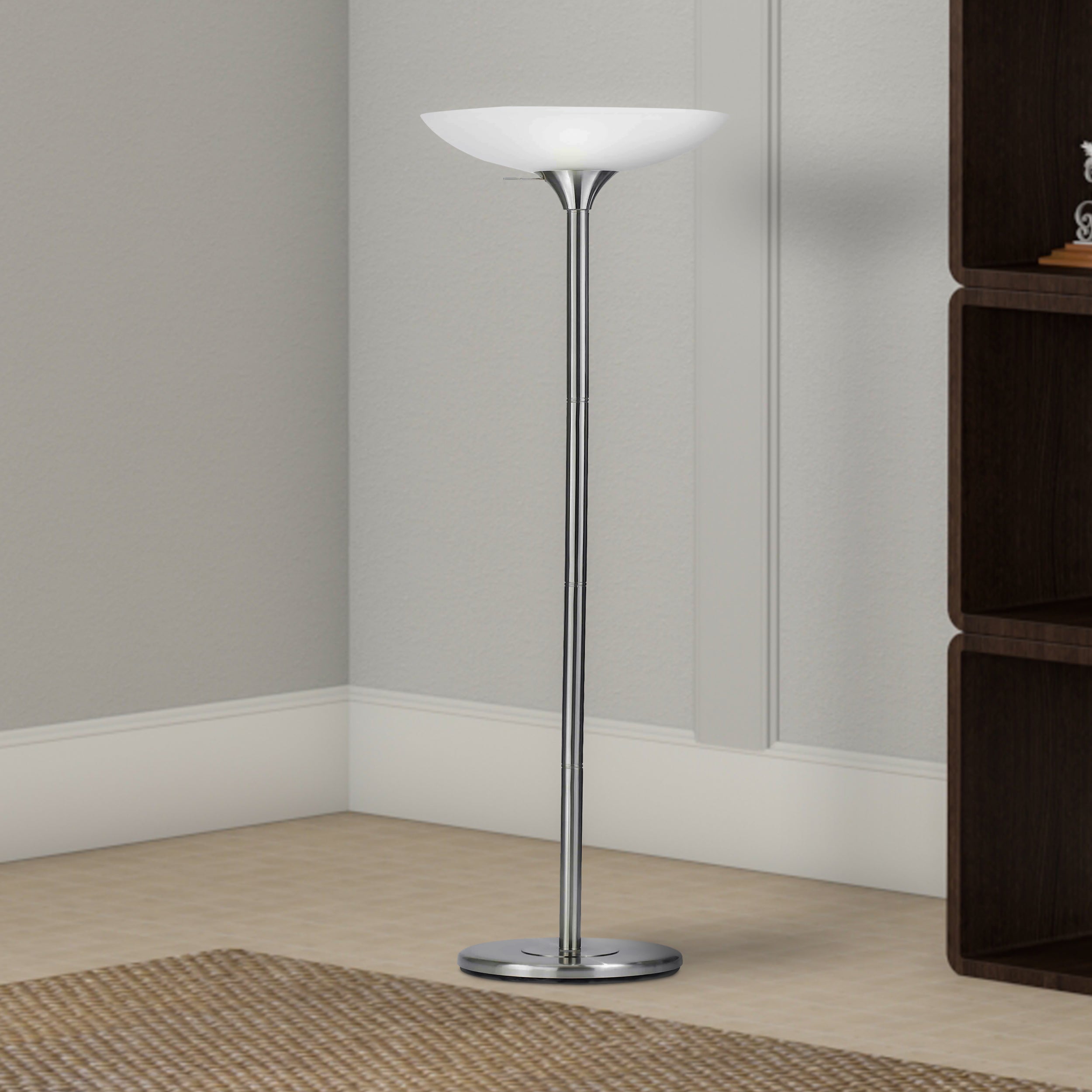 Benjara 3 Way Torchiere Floor Lamp With Frosted Glass Shade And Stable Base, White