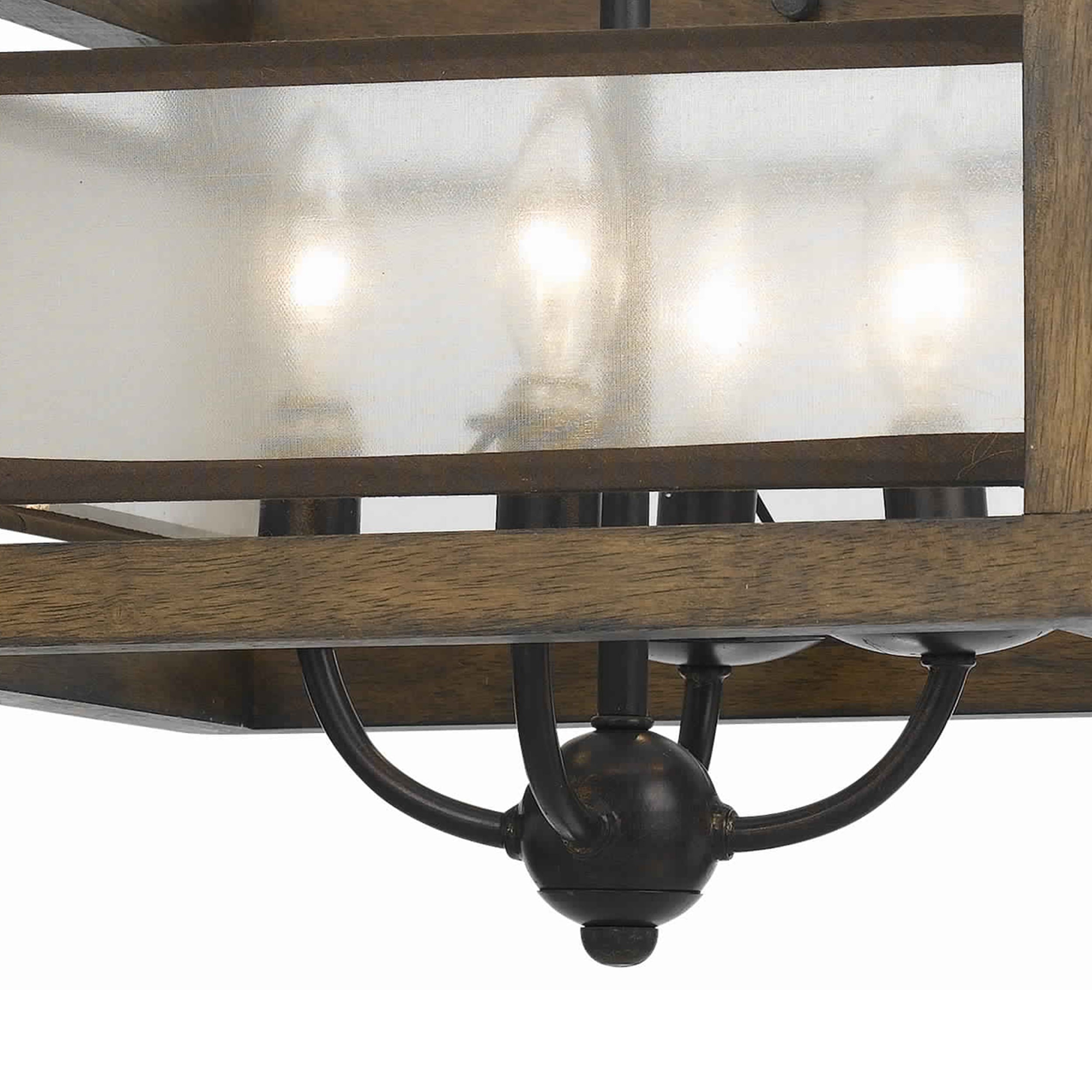 Benjara 4 Bulb Semi Flush Pendant With Wooden Frame And Organza Striped Shade,Brown