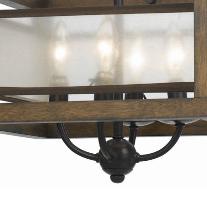 Benjara 4 Bulb Semi Flush Pendant With Wooden Frame And Organza Striped Shade,Brown