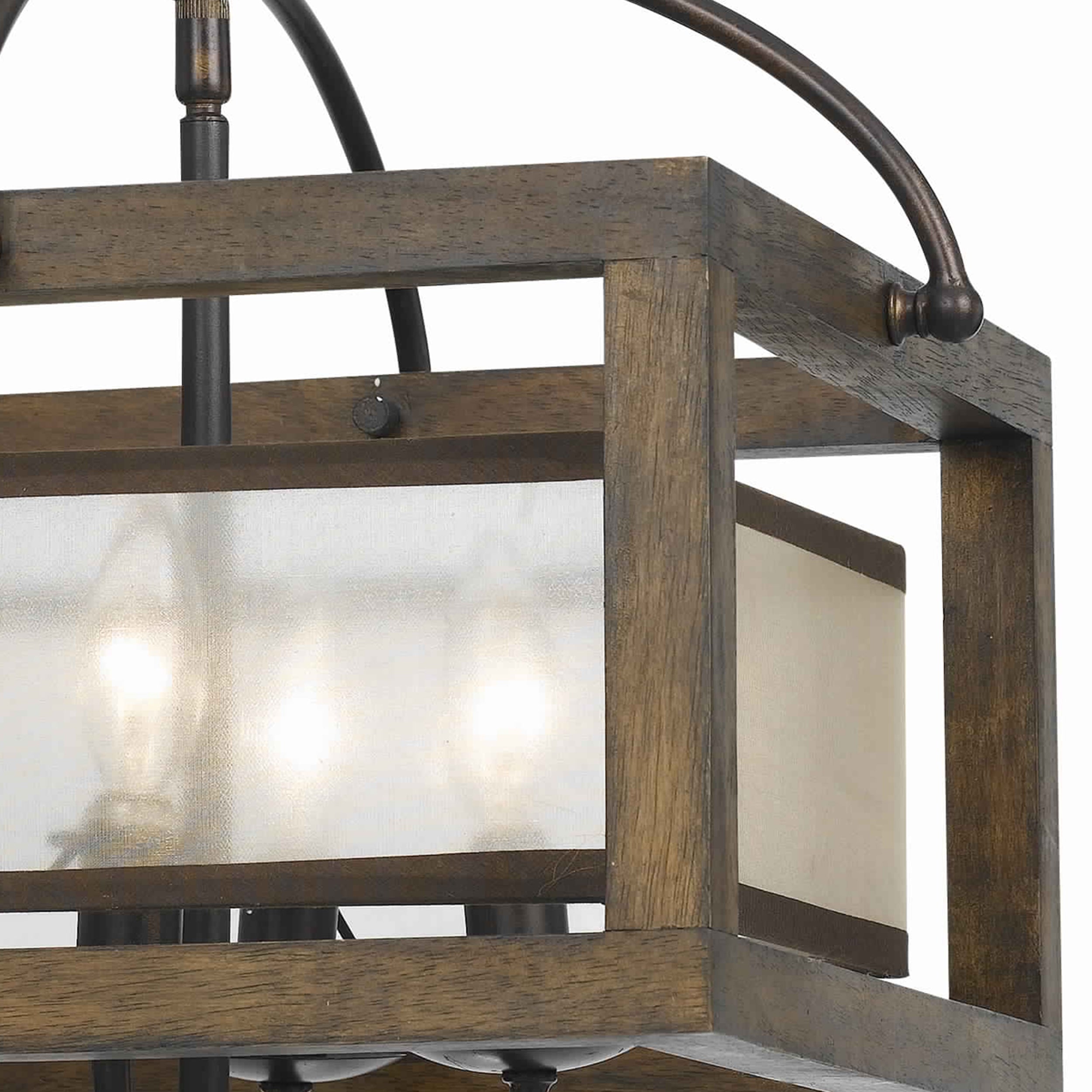 Benjara 4 Bulb Semi Flush Pendant With Wooden Frame And Organza Striped Shade,Brown