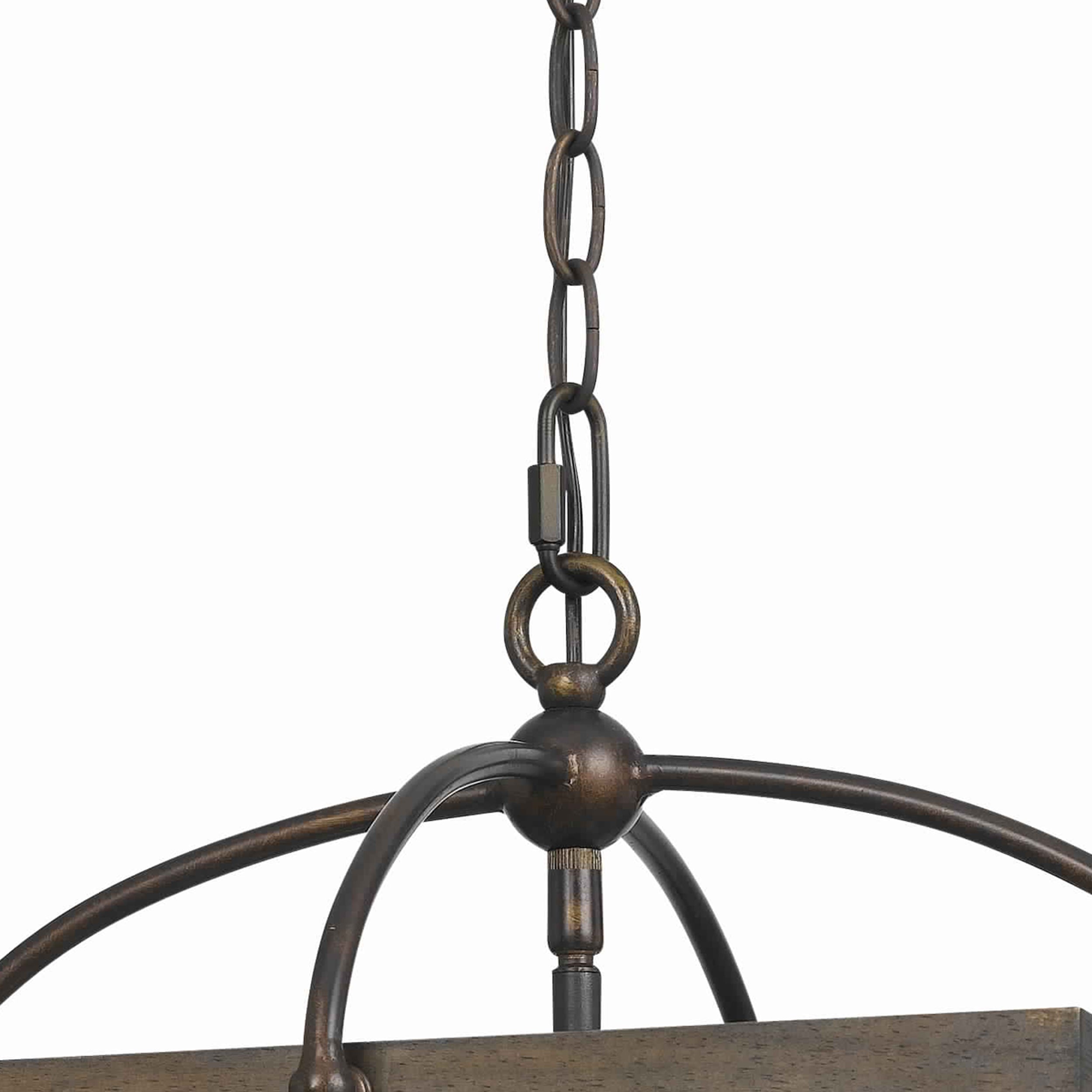 Benjara 4 Bulb Semi Flush Pendant With Wooden Frame And Organza Striped Shade,Brown