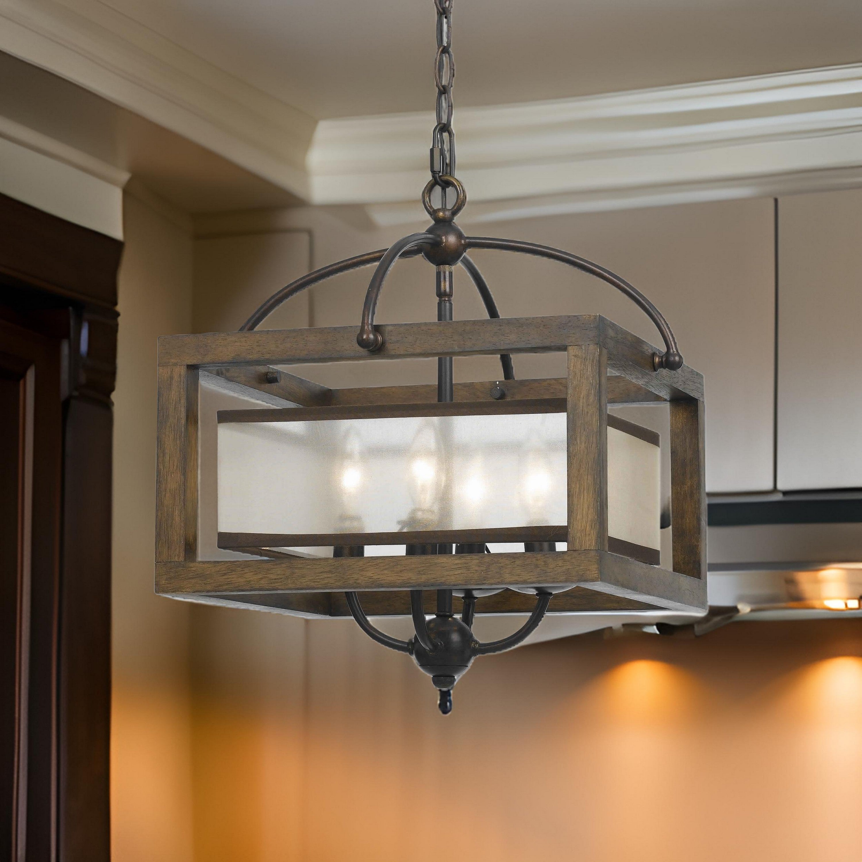 Benjara 4 Bulb Semi Flush Pendant With Wooden Frame And Organza Striped Shade,Brown