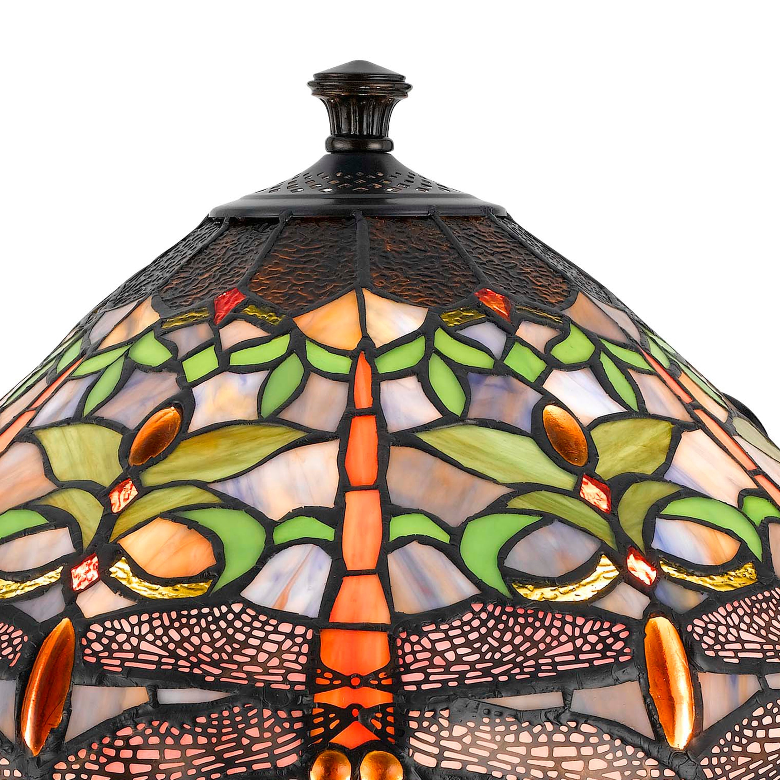 Benjara Tiffany Table Lamp With Metal Body And Dragonfly Design Shade, Multicolor