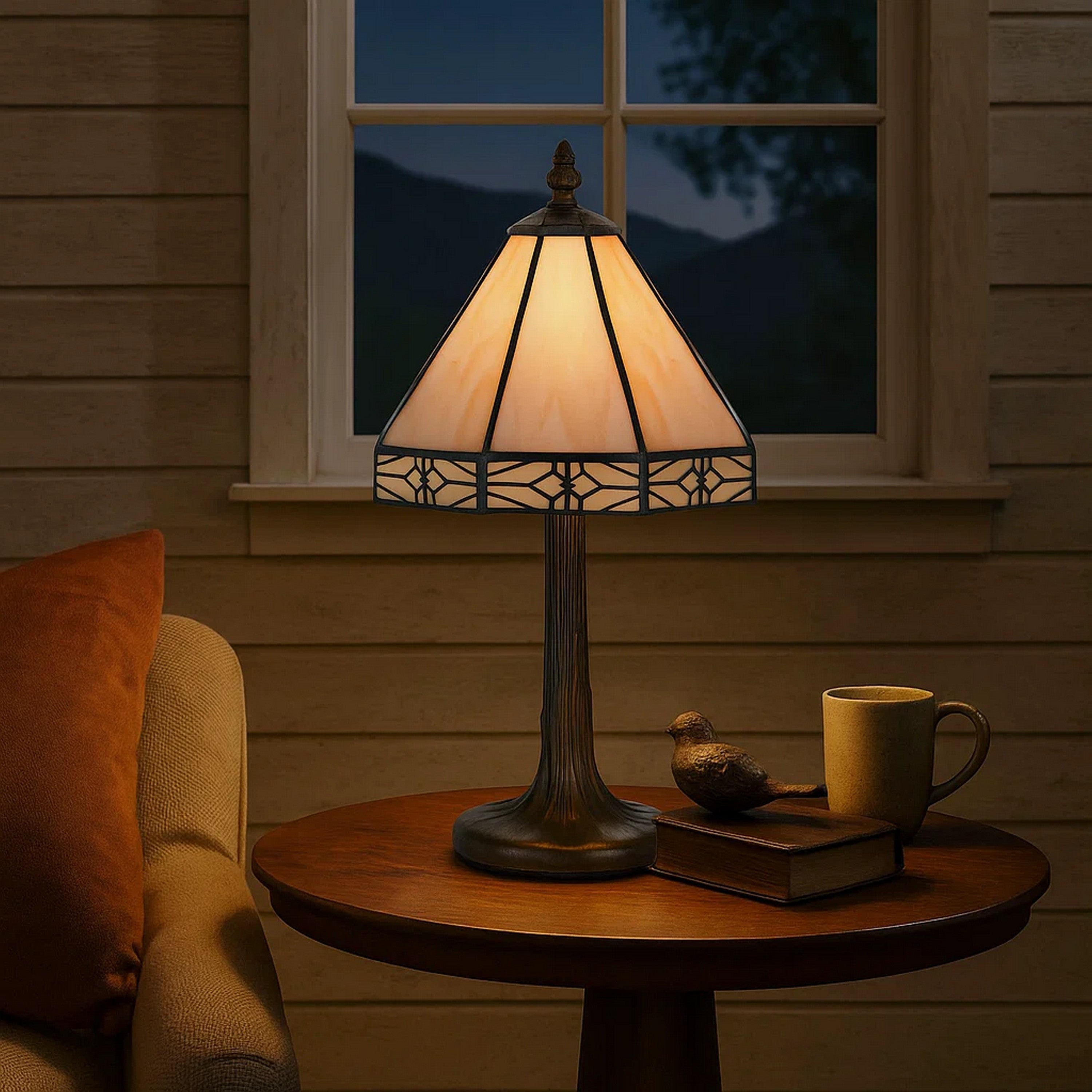 Benjara Tree Like Metal Body Tiffany Table Lamp With Conical Shade,Beige And Bronze