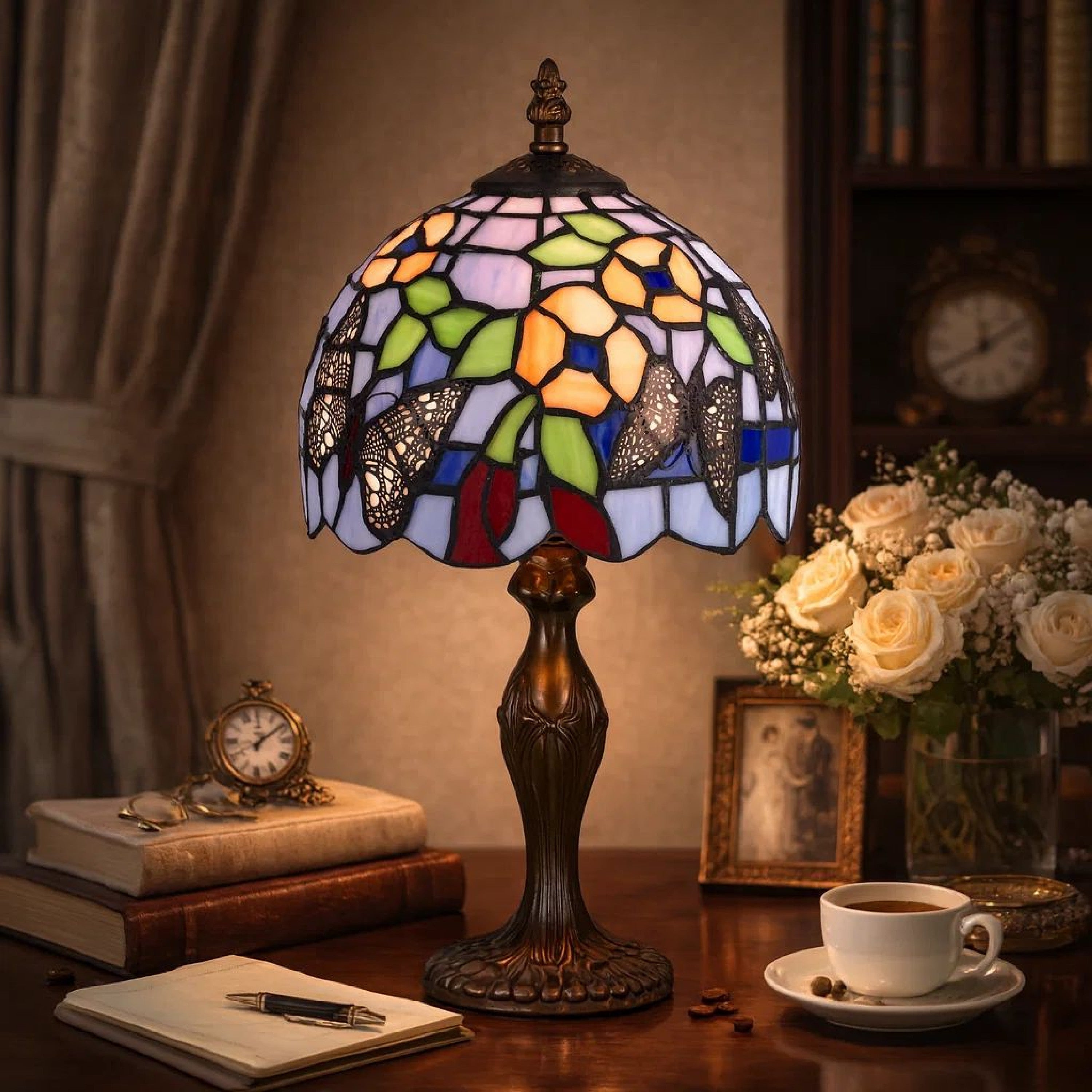 Benjara Metal Body Tiffany Table Lamp With Butterfly Design Shade, Multicolor