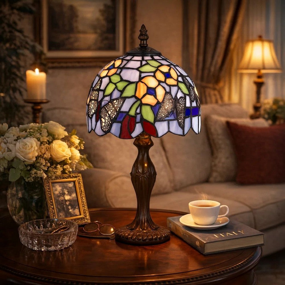 Benjara Metal Body Tiffany Table Lamp With Butterfly Design Shade, Multicolor