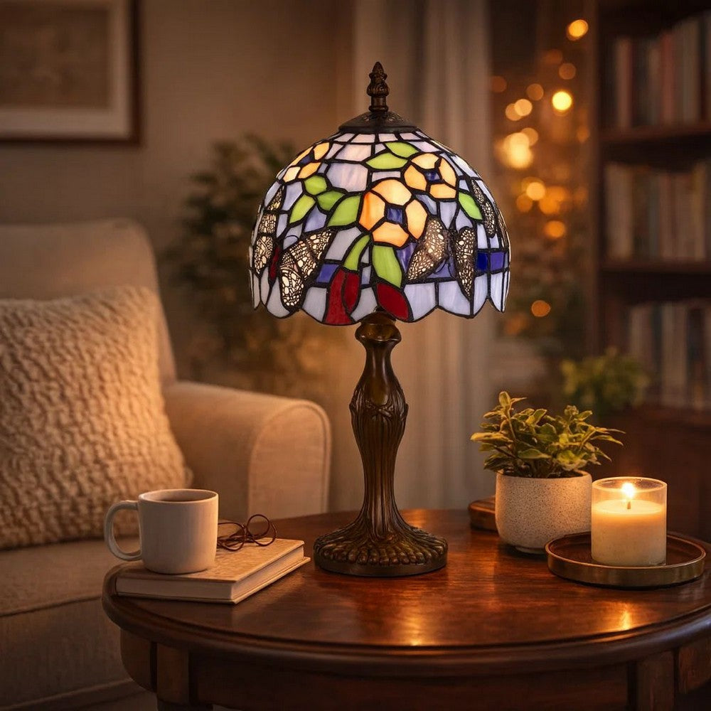 Benjara Metal Body Tiffany Table Lamp With Butterfly Design Shade, Multicolor