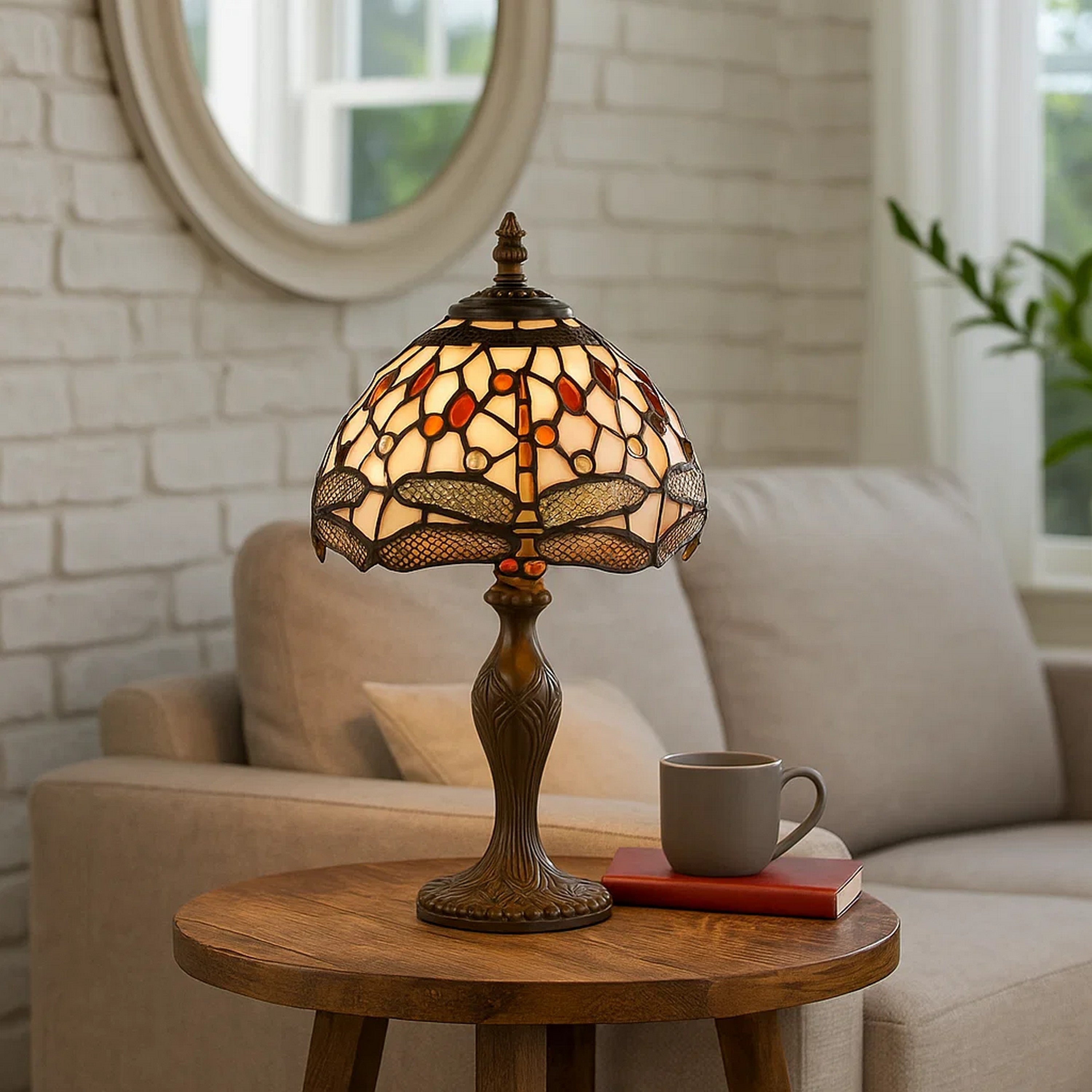 Benjara Metal Body Tiffany Table Lamp With Dragonfly Design Shade, Multicolor