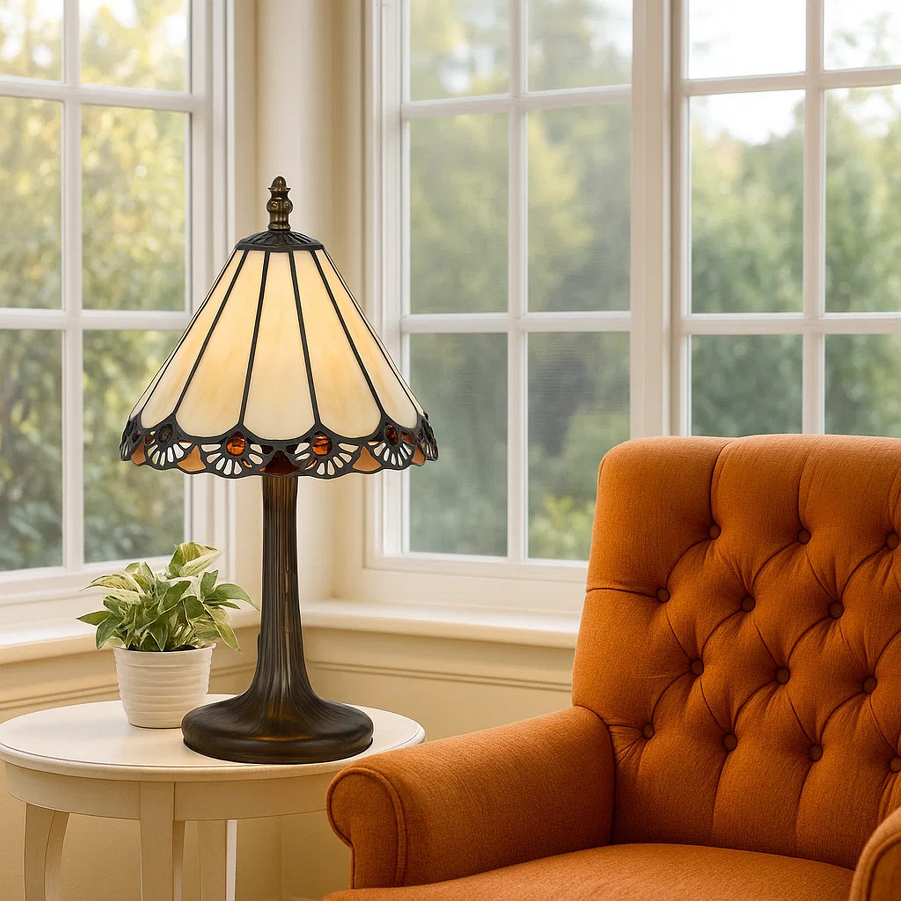 Benjara Tree Like Metal Body Tiffany Table Lamp With Conical Shade,Bronze And Beige