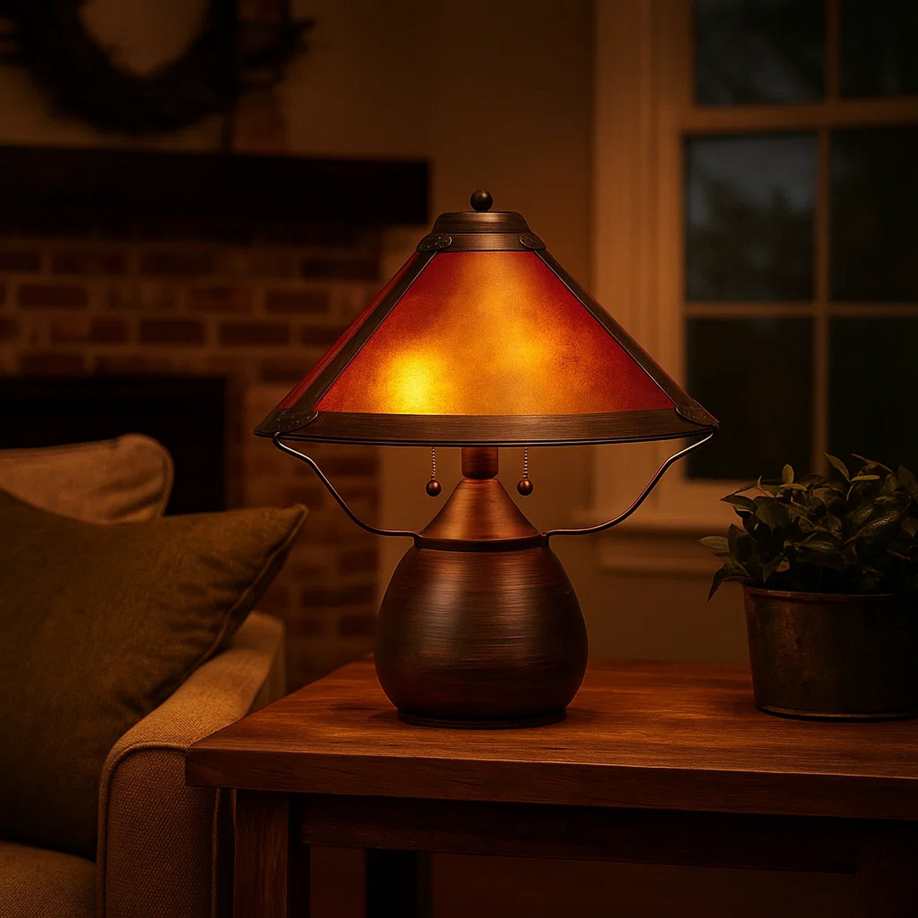 Benjara Pot Bellied Metal Body Table Lamp With Conical Mica Shade, Bronze