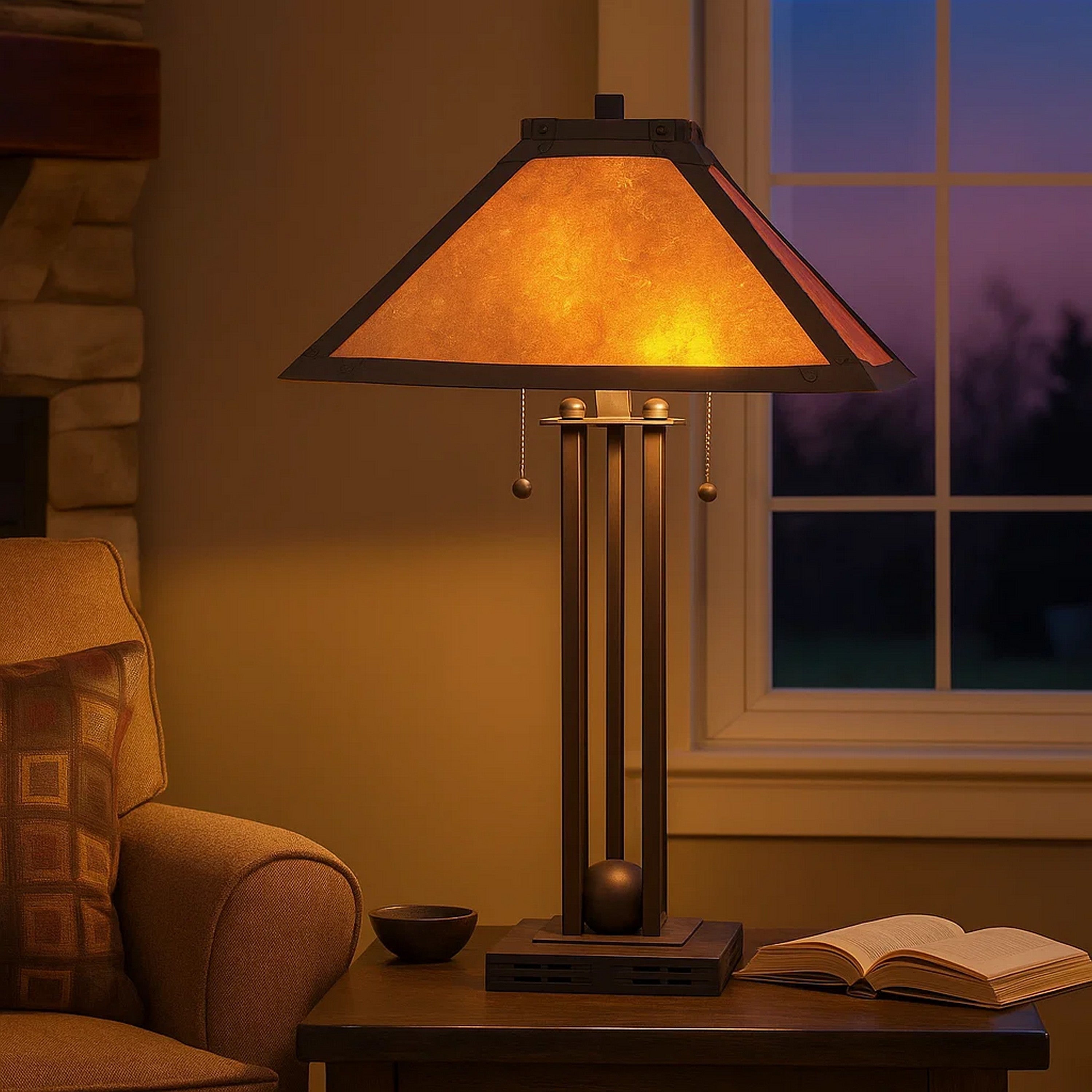 Benjara Ball Inlay Metal Body Table Lamp With Square Mica Shade, Bronze