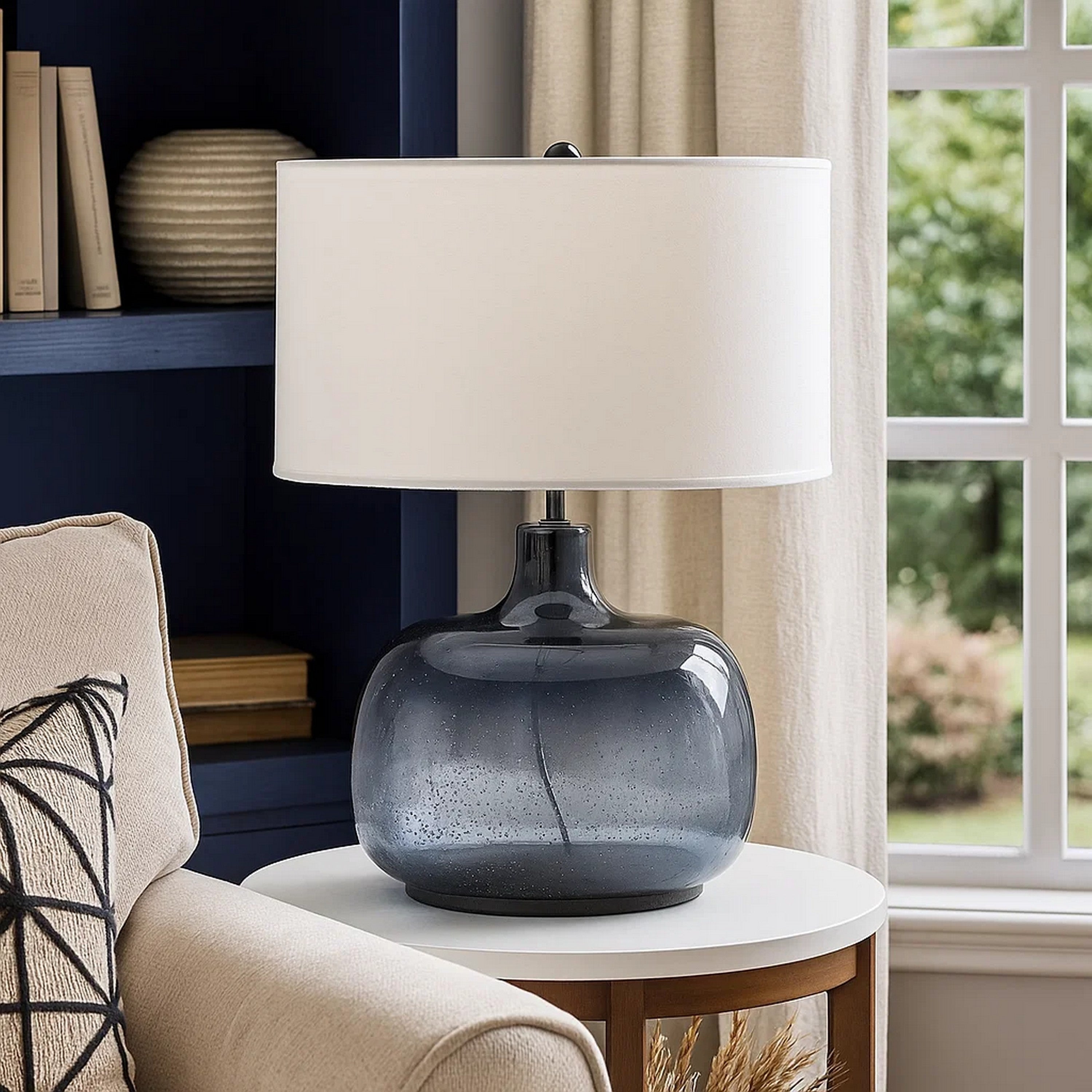 Benjara Glass Body Table Lamp With Drum Shade And Bubble Design, Blue And White