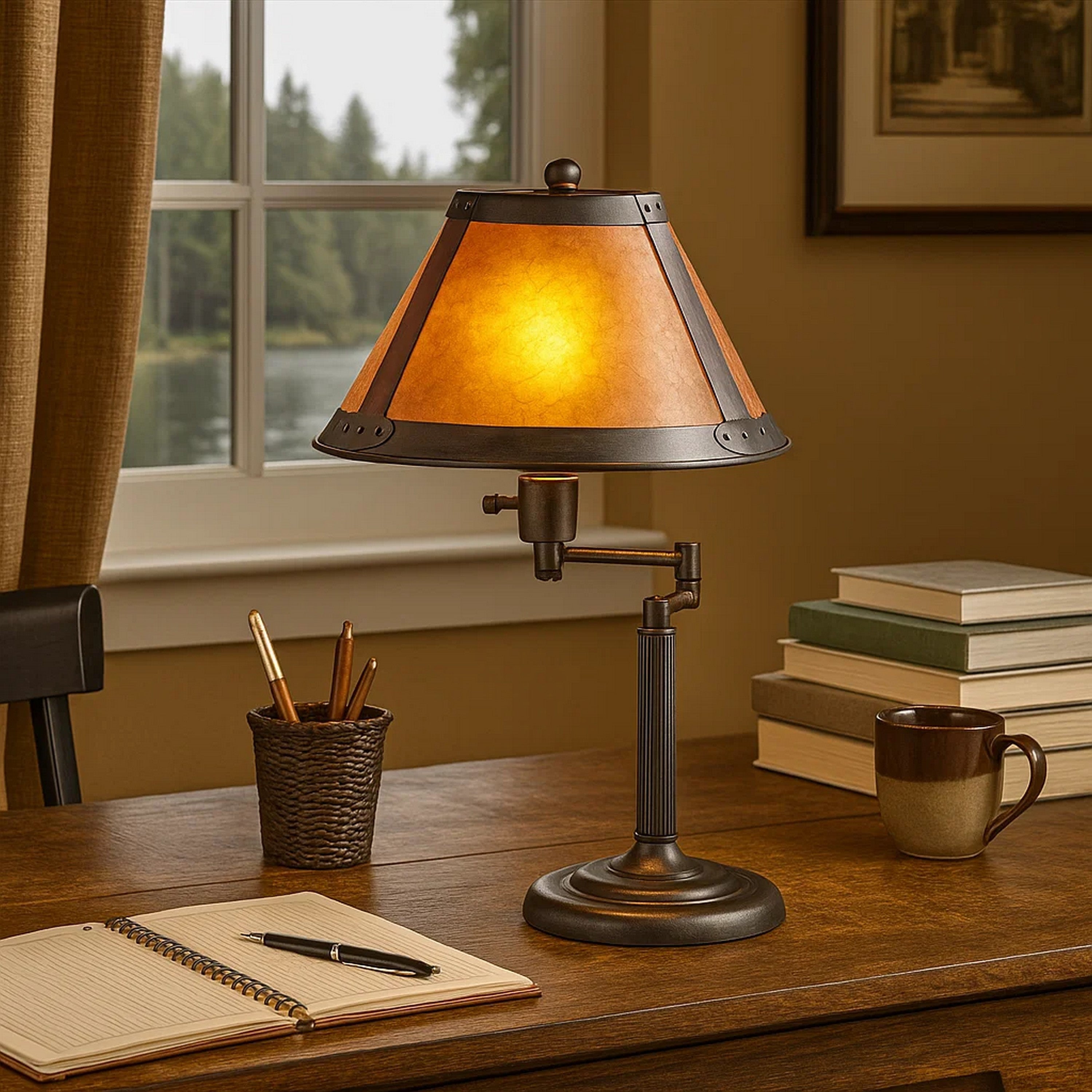 Benjara Metal Body Swing Arm Table Lamp With Conical Mica Shade, Bronze